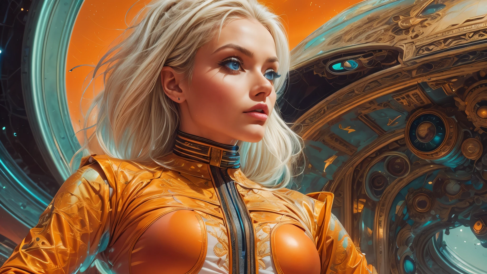 arafed image of a white woman in a futuristic suit with a spaceship in the background, movie art, in front of an orange background, inspired by Robert McGinnis, female protagonist, megastructure in the background, portrait of an ai astronaut, astronauts, an astronaut, portrait of a astronaut skeletor, perfect android girl, detailed eyes, perfectly detailed teeth, frank franzzeta and sakimichan  