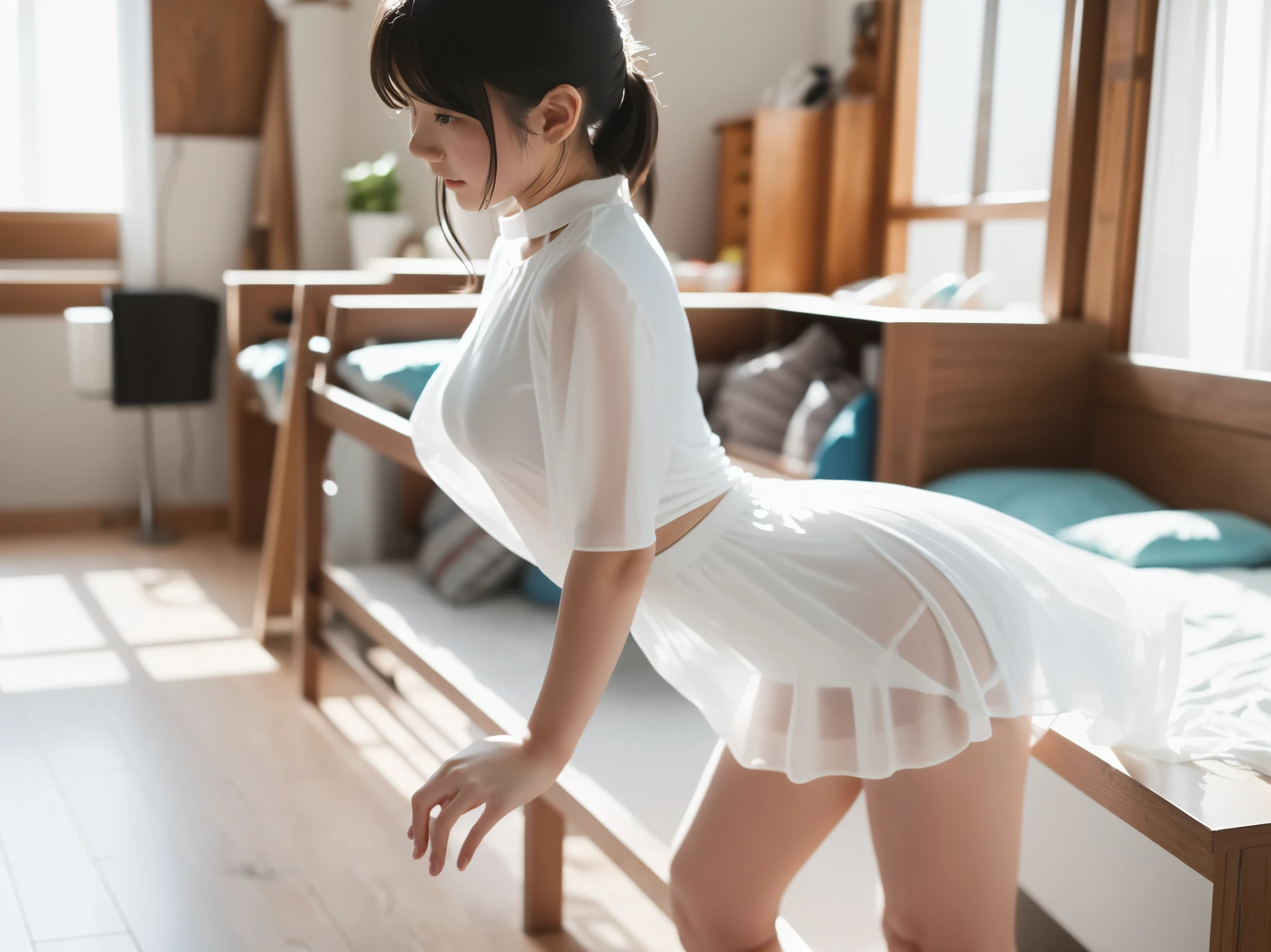 ((Full body:1.2,Voyeur from the side:1.2,from a distance:1.2)),1 Japanese girl,standing,blushing and embarrassed face,summer casual style,See-through white blouse,See-through white flare skirt,white choker,See-through white Panty,slim body shape,from below,realistic,best quality,ultra-detailed,high resolution,beautiful white skin,looking at another,flooring room
