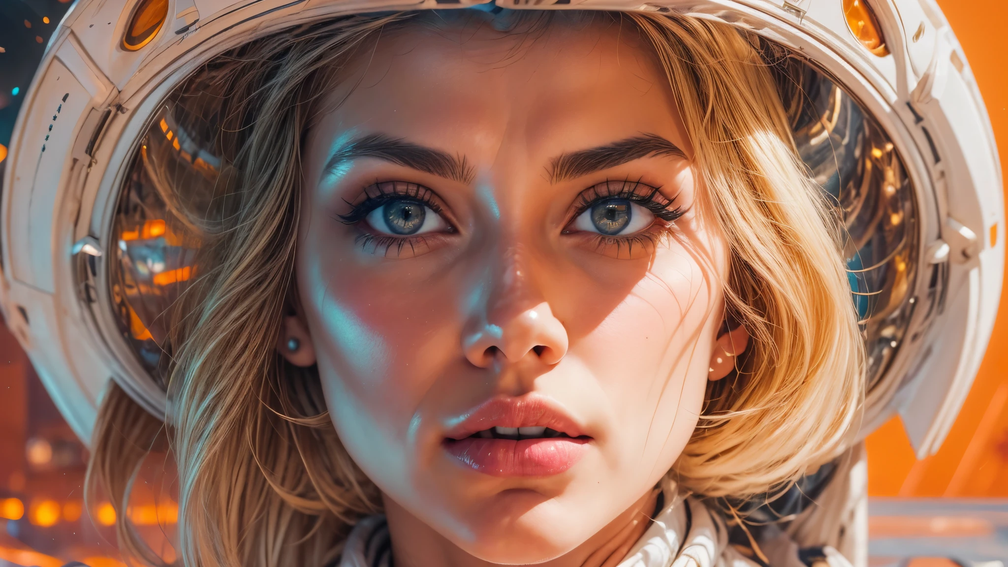 arafed image of a white woman in a futuristic suit with a spaceship in the background, movie art, in front of an orange background, inspired by Robert McGinnis, female protagonist, megastructure in the background, portrait of an ai astronaut, astronauts, an astronaut, portrait of a astronaut skeletor, perfect android girl, detailed eyes, perfectly detailed teeth, frank franzzeta and sakimichan  