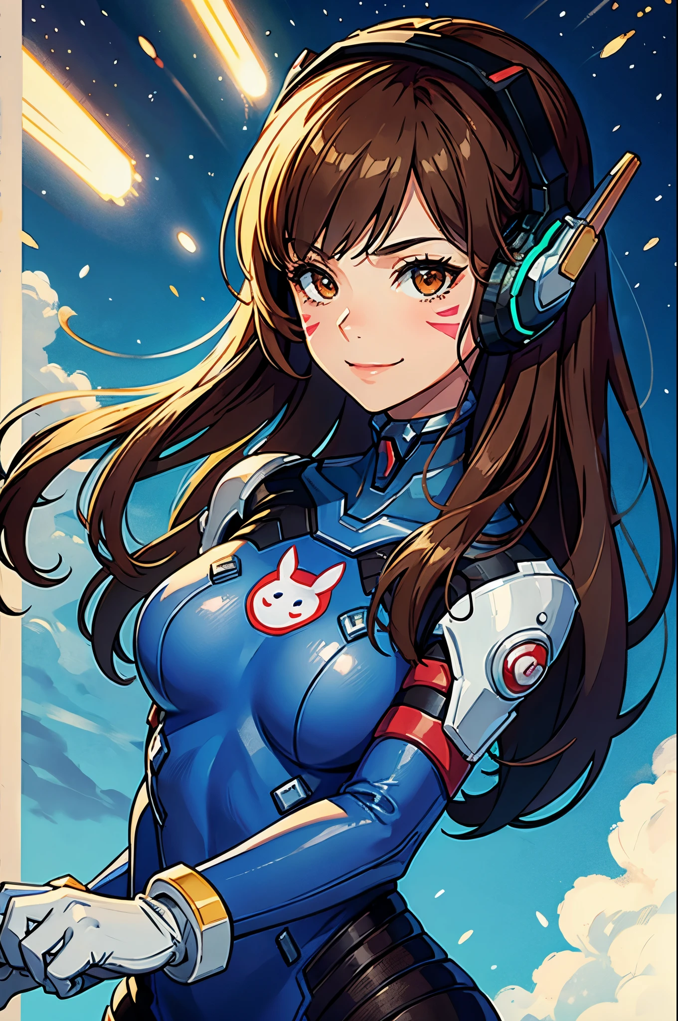 (masterpiece, best quality:1.2), expressive eyes, perfect face, highres, 1girl, solo, aahana, long hair, brown hair, headphones, whisker markings, shoulder pads, blue bodysuit, ribbed bodysuit, animal print, clothes writing, long sleeves, white gloves, smiling, standing, upper body, looking at the viewer