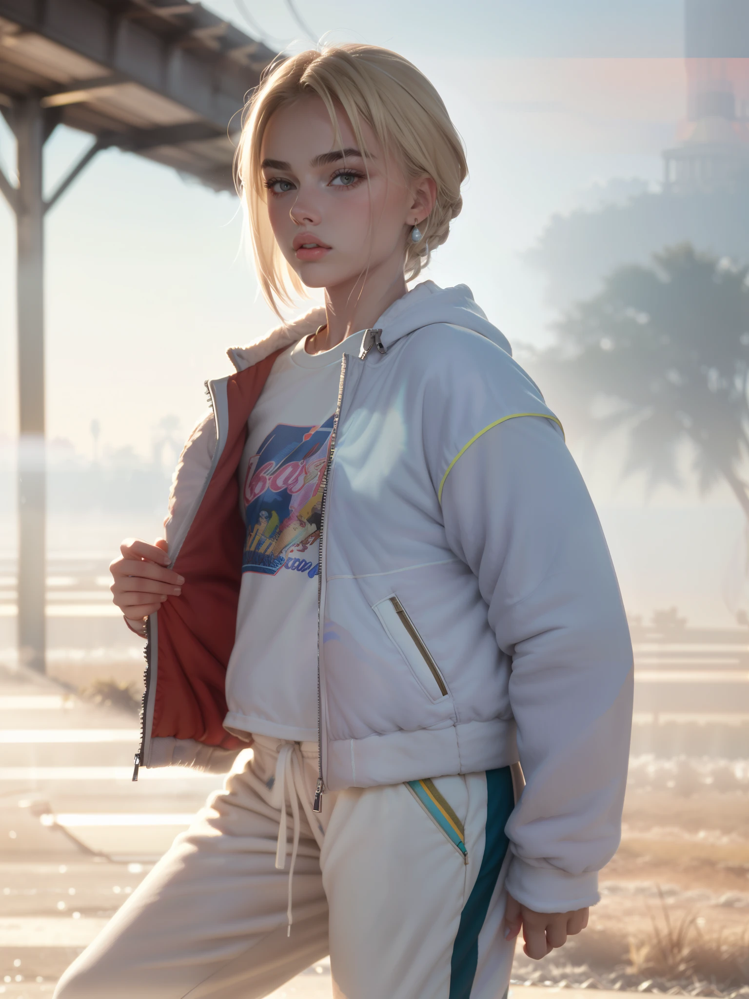 A young woman combination (Rachel Bilson:0.8), (Dua Lipa:0.9), (Margot Robbie:1) thin, skinny, frail body, pale skin, blonde hair, wearing, sweatpants, t-shirt, sneakers, puffy jacket((heavy gaussian blur)), ((soft lighting)), (((extremely hazy:1.2))), ((film grain)), (extremely bright), vintage film, (dreamy atmosphere), bright vivid colors, portrait,