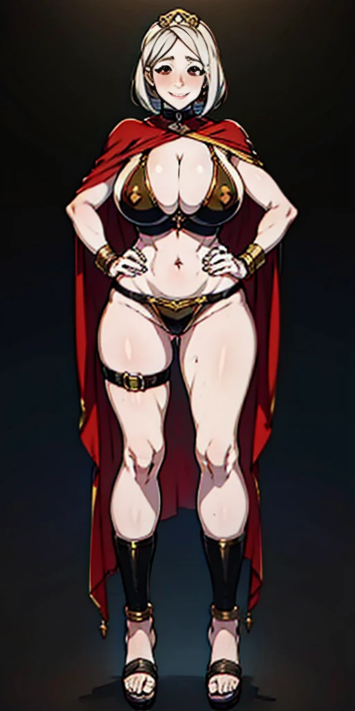 ((BLACK BACKGROUND,1:2, masterpiece)), full body MILF BIMBO standing with two long thighs and two high heels, red eyes, silver white hair, short bob style hair, big breasts, cleavage, separate sleeves, tiara royal, long cape up to two feet, yellow bikini, hands on waist, navel, lustful smirking smiling, smile face (red blushed, red cheeks), metal shoulders, gold sleeveless armbands, black leather choker slave collar, shackle bracelets, slave red crest, full body MILF BIMBO standing with two long thighs and two metal sandals, red eyes, silver white hair, short bob style hair, big breasts, cleavage, separate sleeves, tiara royal, long cape up to two feet, yellow bikini, tiger bikini stripes, hands on waist, navel, lustful smirking smiling, smile face (red blushed, red cheeks), metal shoulders, gold sleeveless armbands, black leather choker slave collar, shackle bracelets, slave red crest, pauldrons, breastplate, corset, eye focus, full body, whole body 1solo slave fighter, loincloth standing, hands on hips, metal sandals, backpack, choker, big belt around waist, view from below, feet together, bracers, tiara)