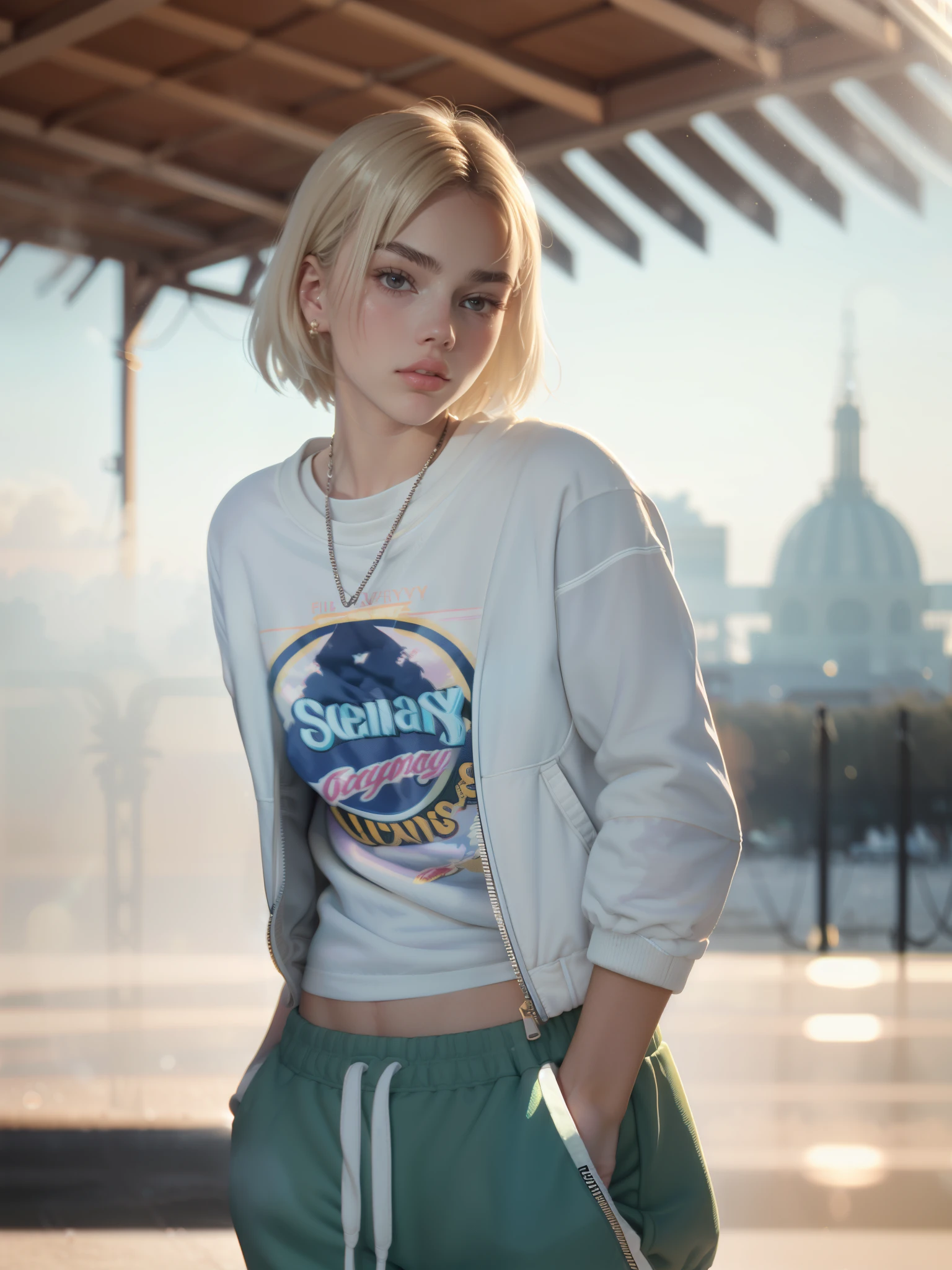 A young woman combination (Rachel Bilson:0.8), (Dua Lipa:0.9), (Margot Robbie:1) thin, skinny, frail body, pale skin, blonde hair, wearing, sweatpants, t-shirt, sneakers, puffy jacket((heavy gaussian blur)), ((soft lighting)), (((extremely hazy:1.2))), ((film grain)), (extremely bright), vintage film, (dreamy atmosphere), bright vivid colors, portrait,