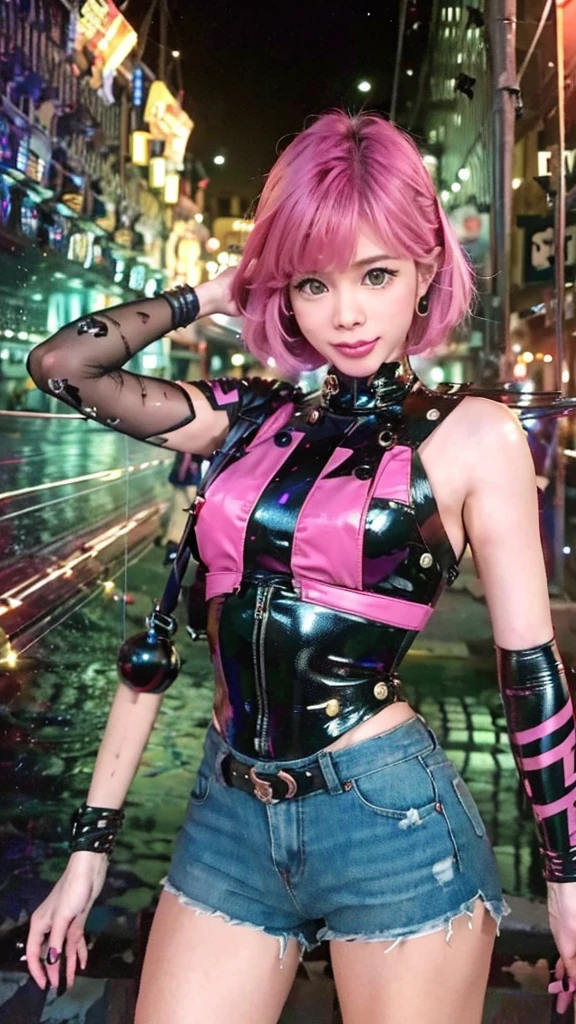 (Ultra-detailed eyes), (((textile shading))), (((Best Quality))), (((materpiece))), (((Ultra-detailed CG))), sassy girl, (((magical  girl))), (Petite), (tiny chest), blonde  wavy hair with pink streaks, ((short hair, short hair, gorgeous hair)), Pink eyes, (((punk girl, leather jacket, y2k ripped shorts))), ((striking a pose)), (((Game CG)) (gorgeous, sassy, it girl), fancy jewelry, graffiti-covered walls,neon lights,vibrant colors,night scene,gritty atmosphere,4K, strong punk atmosphere, cowboy shot, midshot, centered image, eye on camera, daylight