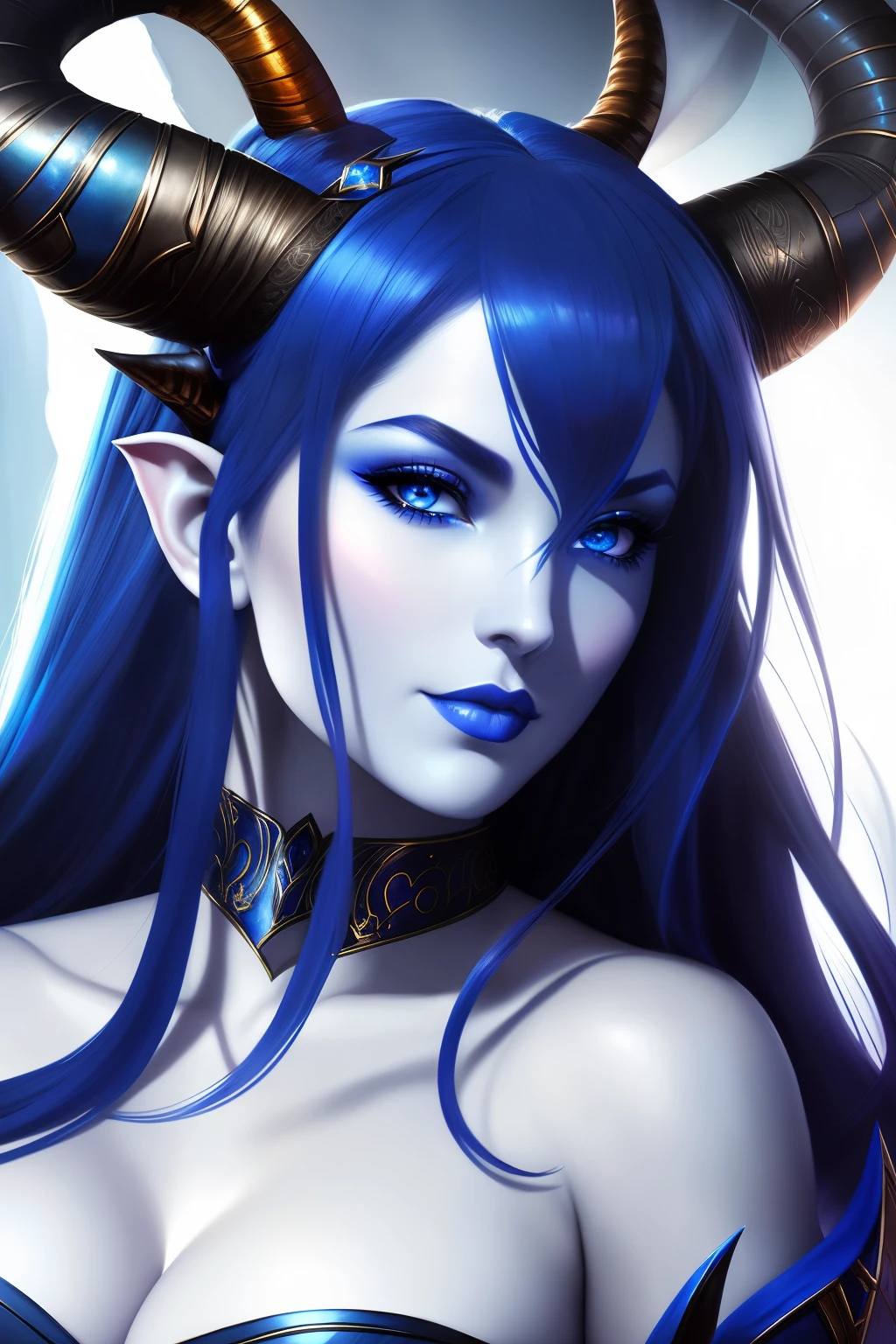 A breathtakingly beautiful Arafwind woman, adorned with horns and antlers atop her head, captivates the camera for a mesmerizing photograph. Her piercing gaze intensifies as she poses with an enigmatic smile, revealing her blue Tiefling heritage.
In the realms of Diablo 4, Lilith, the captivating Blue Tiefling Queen, is the epitome of allure and power. Her ethereal beauty, accentuated by her blue skin, emanates an aura of mystery and enchantment. This hyperrealistic fantasy artwork, inspired by the genius of artists like Artgerm, Julie Bell, and Be