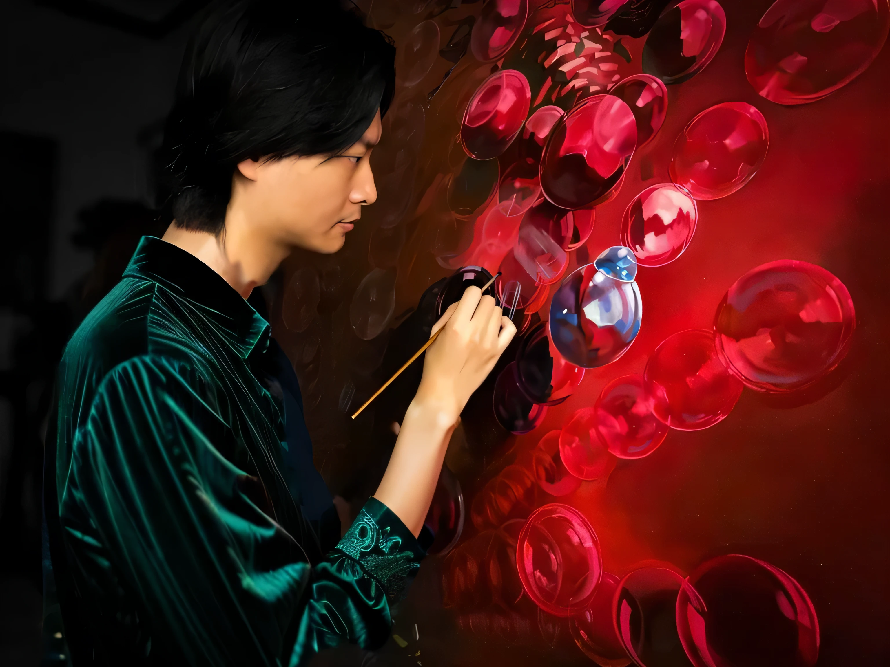 Long-sleeved shirt,green shirt。Textured shirt。Silk velvet shirt。8k,high quality,Exquisite details。Deep Shadows