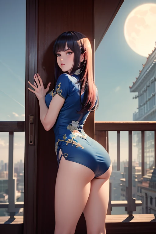 Front view,8k,best quality,8K,Dingdall effect,highly detailed,bestquality,bestmasterpiece,Maximum rendering,Ultra High Definition,Movie Lighting Effects,Exquisite facial features portrayal,Having a sense of light,Fantastic Style,close up,long range,face the audience,Swaying figure,Beautiful curves,Gentle as water,Chinese style high waist open padded cheongsam beauty,Wearing a blue and white porcelain cheongsam,It's like a shining pearl,Long legs,Showing thighs,Elegant yet noble,Blue eyes sparkle,Super long blue hair,Back to the sandalwood balcony,Standing on the balcony of a tall building, looking at the bright moon,(Two arms,Five fingers,Two Legs)