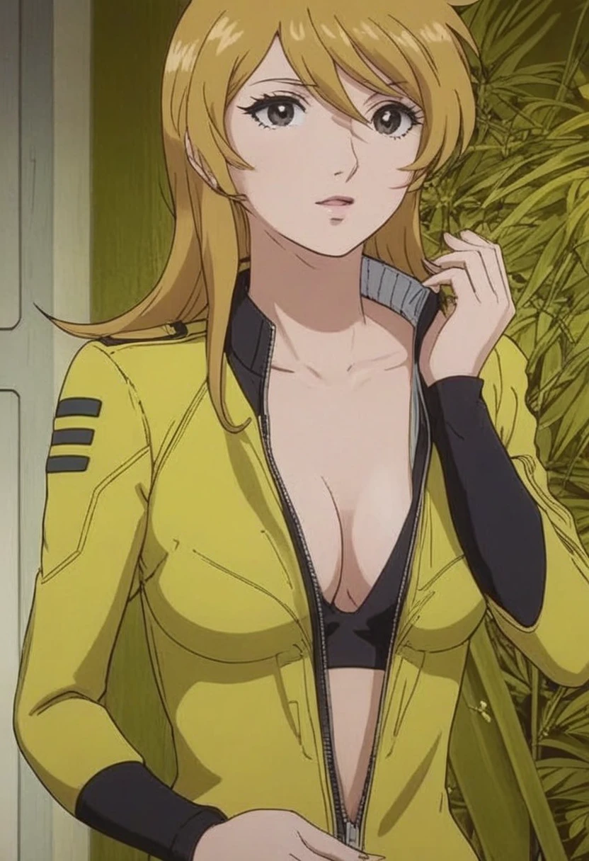 anime girl in yellow jacket with black top and black pants, Anya from Spy x Family, female anime character, Sil from seeds, dandy from space dandy anime, Asuka suit under clothes!, fujita goro!, ayami kojima amano, Kentaro Miura style, gainax anime style, The finer details. anime. Tentacles, in the anime film