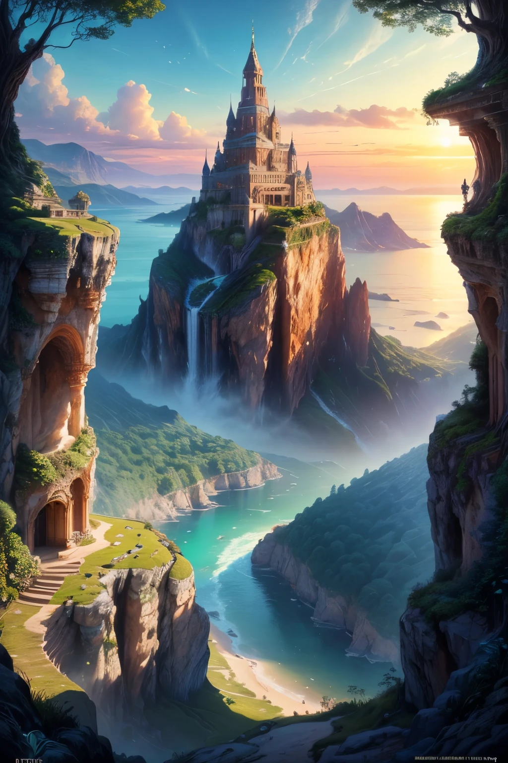(masterpiece, top quality, best quality. official art, beautiful and aesthetic:1.2). Stunning matte painting portraying the ancient mountain island ,lush forest ,ancient wonder, sea,cliff, terraced landscapes, exotic flora, ornate architecture, opulent, vibrant colors, babbling brooks, romantic, fantasy paradise, sunset glow, intricate detailing, mythical realm, digital masterpiece, 14K resolution,