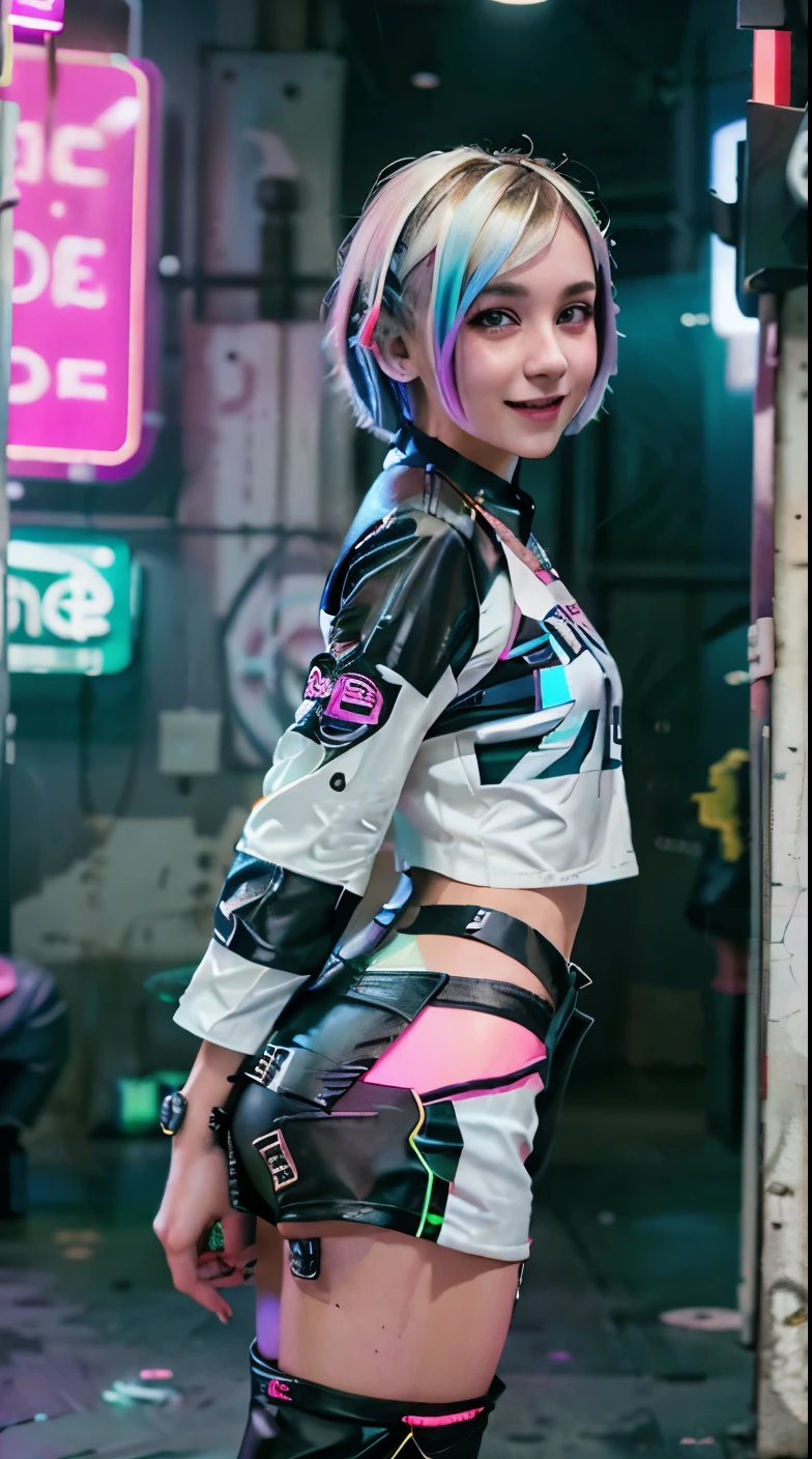 A colorful Bob cut haired punk girl, smooth white skin, innocent look, 15 years old, Ultra high res, uhd, (photorealistic:1.4), cyberpunk outfit, wink, smiling ear to ear, neon lighting, wearing short pants, colorful leather boots, full body shot, head to toe, fish eye lens, vogue pose, modelling,