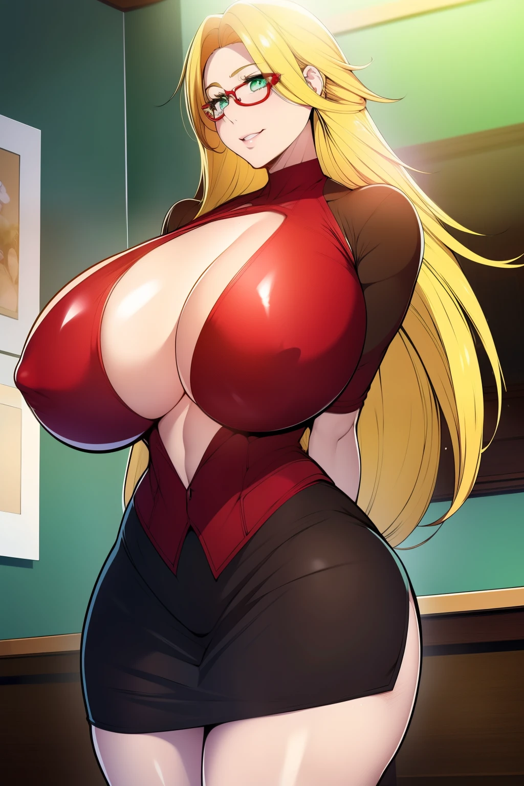 An anime-style artwork depicting Kousaka Shizuru from the game Honkai star rail.
Tags: Kousaka Shizuru, anime, detailed eyes, detailed lips, ass, bare shoulders, (blonde hair:1.4), (black skirt suit:1.1), cleavage, pencil skirt, miniskirt,curvy, thighs, higheels, shiny clothes, skin tight, cleavage, glasses, long hair, red-framed eyewear, semi-rimless eyewear, solo, under-rim eyewear, huge breasts, (green eyes:1.1),, smiling expression, intense gaze, dynamic pose, indoor, palace, vibrant colors, digital art, high-resolution, professional quality, gigantic breasts, (underboob : 1.4), curvy, cowboy shot, (gigantic breasts: 1.4),