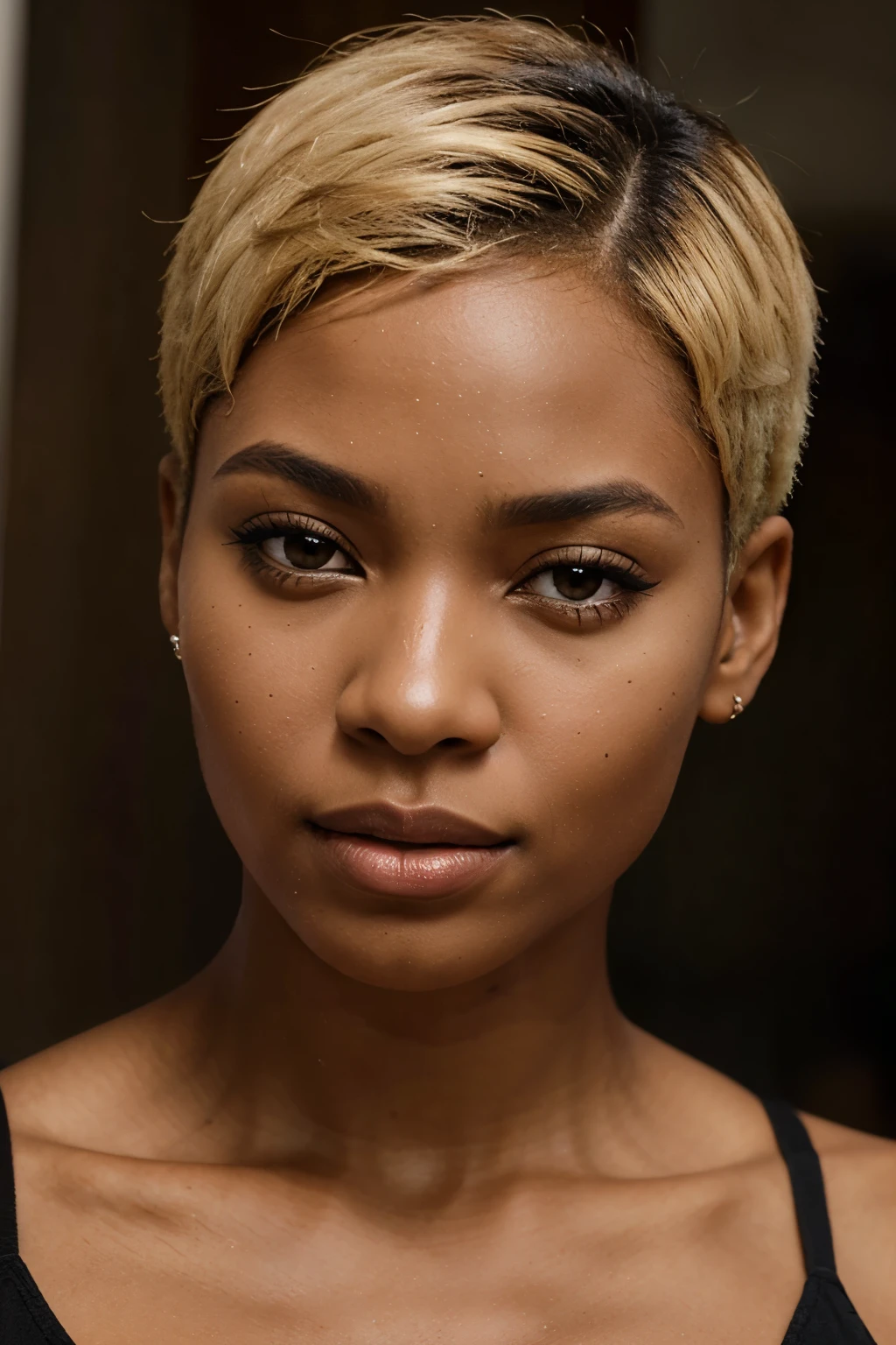 lookig at viewer, a close up of a woman with a short haircut and a brown dress, immaculate complexion, portrait of ororo munroe, maria borges, detailed portrait shot, short blonde afro, jaw-dropping beauty, close portrait, jaw dropping beauty, close - up portrait shot, profile image, in style of nadine ijewere, brown skin. light makeup
facing camera