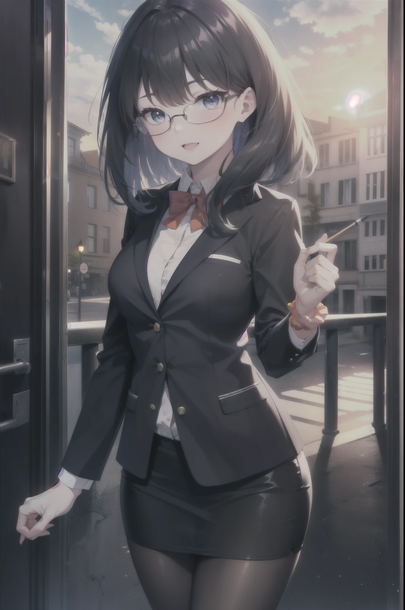 Rikka body, rikka takarada, Black Hair, blue eyes, Long Hair, happy smile, smile, Open your mouth,orange Scrunchie, Scrunchie, wrist Scrunchie,OL, Akagi glasses, black suit jacket, Collared jacket, White dress shirt, Collared shirt, Neckline, button, Black pencil skirt, Black pantyhose,Stiletto heels,The sun is rising,morning,morning陽,So that the whole body goes into the illustration,
break outdoors,In town,Building district,シティストリート
break looking at viewer, (Cowboy Shot:1.5),
break (masterpiece:1.2), highest quality, High resolution, unity 8k wallpaper, (figure:0.8), (Beautiful fine details:1.6), Highly detailed face, Perfect lighting, Highly detailed CG, (Perfect hands, Perfect Anatomy),