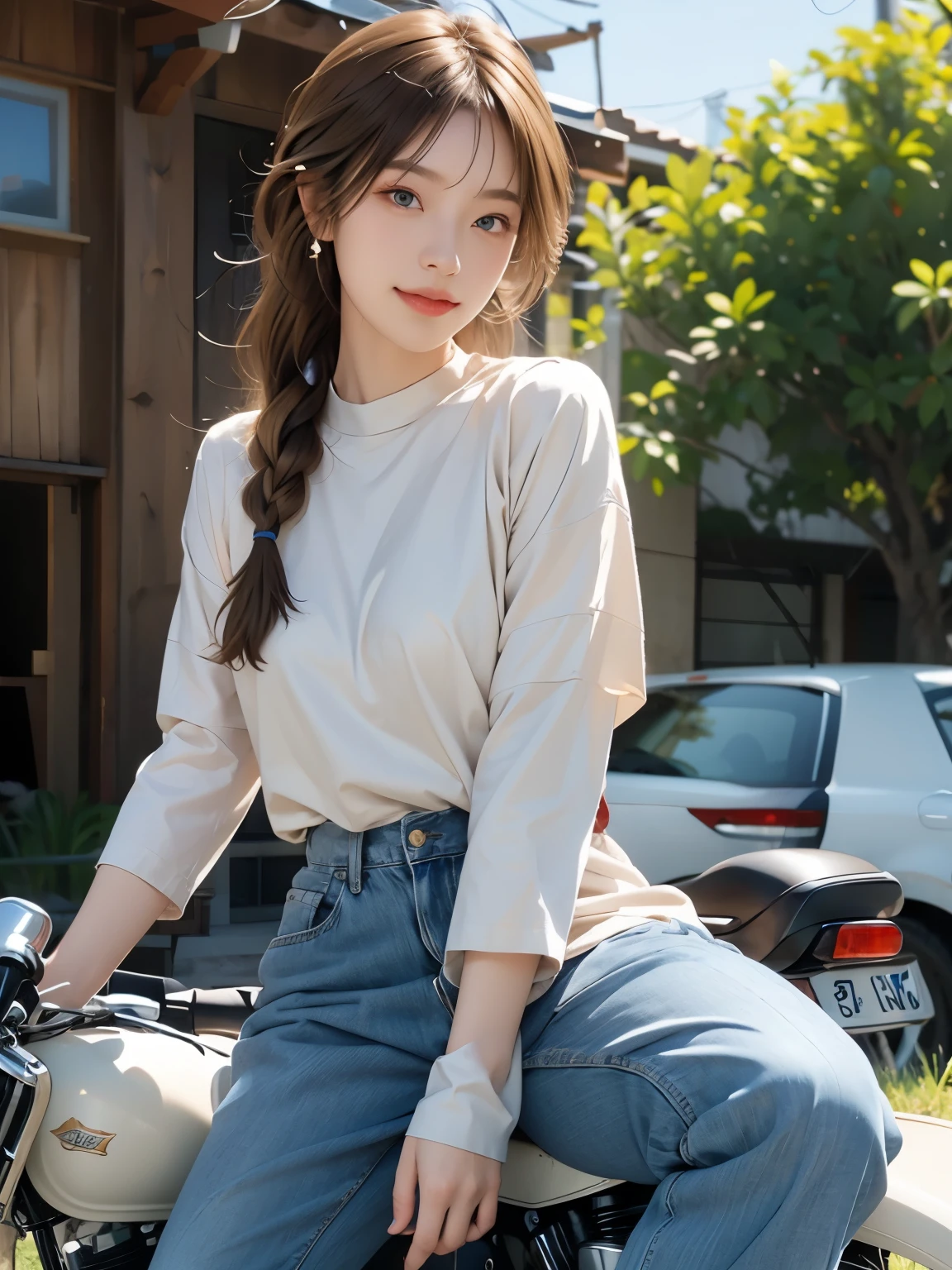 (masterpiece:1.3), (8k, Realistic, RAW Photos, highest quality:1.4), (Realistic face), (Blonde, Braided hair:1.3), Beautiful hairstyle, Realistic eyes, Beautiful small blue eyes, (Realistic skin), (Beautiful Skin), (((Riding a motorcycle outdoors))), charm, Ultra-high resolution, Surreal, Golden Ratio, Long limbs、((smile)), ((full body shot)), ((((Dark brown short-sleeved shirt))))、((Jeans and sneakers))