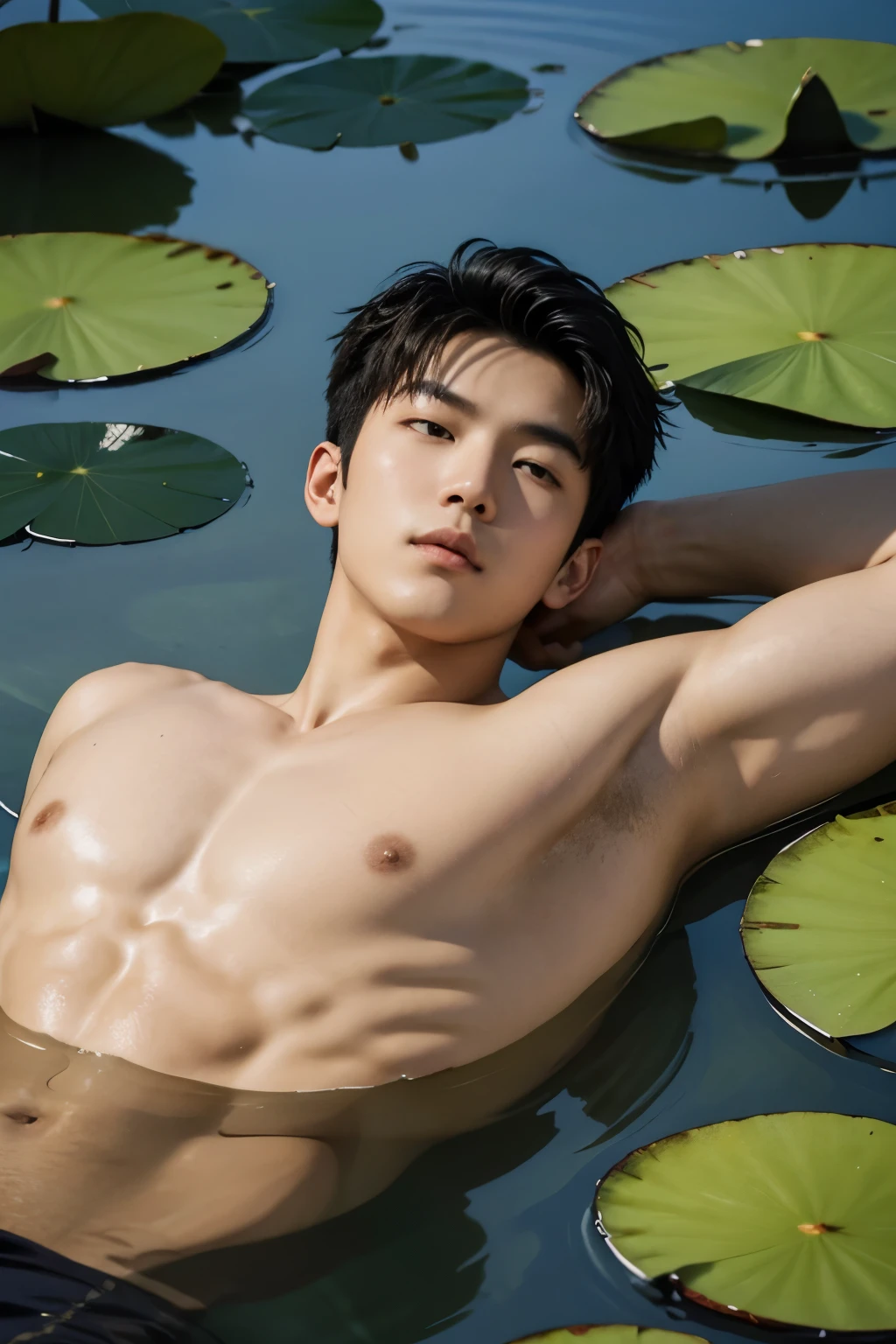 asian painting, loose watercolor painting, In close-up, a young man lies on his back in a lake with water lilies, we see his chest and hips, we see him frontally on top, water snakes