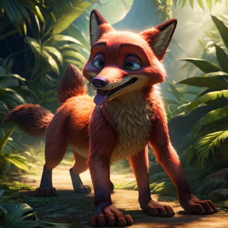 best quality,4k,ultra-detailed,realistic,portrait,colorful lighting,Nick Wilde,nude,walking on all fours,tongue sticking out,jungle