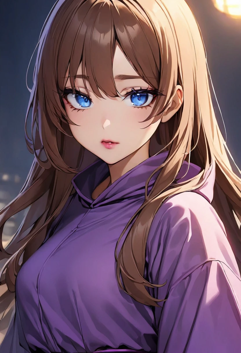 brown hair、Waist-length hair、Blue Eyes、Beautiful eyes、Delicate Eyes、Droopy eyes、Pink Lips、Purple Ninja Costume、Female ninja、