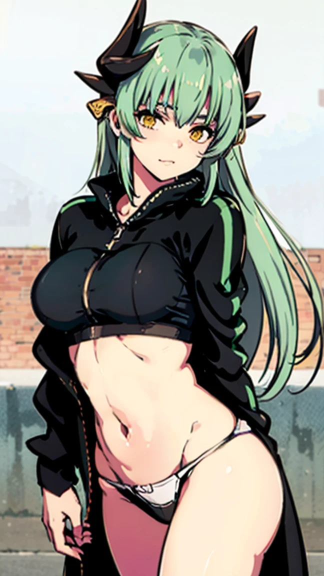 best quality, Ultra-high resolution, (Realistic:1.4), 1 girl, Loose Oversized Black Jacket, White Sports Bra, (Thong:1.2), (Large Breasts:1.2), L looks at the audience, Smile, Foote Body, street, Urban, cosmetic, Wide Angle,