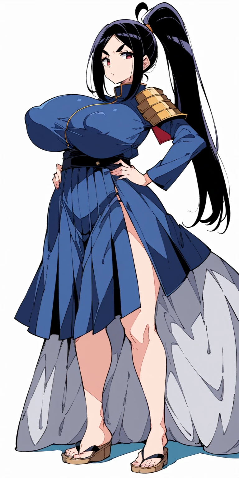 masterpiece, bestquality, ultra-detailed,
middle ages, medieval times, Medieval European fantasy,
(flat design, ligne claire, photorealistic),
cinematic lighting, depth of field,
(1girl, fullbody, looking at viewer, front view:1.5),
(very long high ponytail, japanese, thick eyebrows, Navy Blue Kendo uniform, Hakama, black hair, Yamato Nadeshiko girl, Cool beauty girl, angry eyes, Cold eyes, Tight Mouth:1.3),
gigantic saggy breasts, Clothes that are completely stuck to the chest, impossible clothes, Impossible clothing with perfectly shaped extremely gigantic puffy nipples, pawg, thin thighs, thick calf, (slender body:1.3), thin waist, milf, mature woman, puffy lip, lewd body,
standing contrapposto pose, spread legs, Dynamic composition, Hands on hips,
(Wear warm clothes, pants:1.3),
high waist T-back, (low rise hot pants:1), Whale tail, low rise T-back, hot pants, highleg panties, high leg panties g-strings , high leg panties thong,
(white background:1.4),