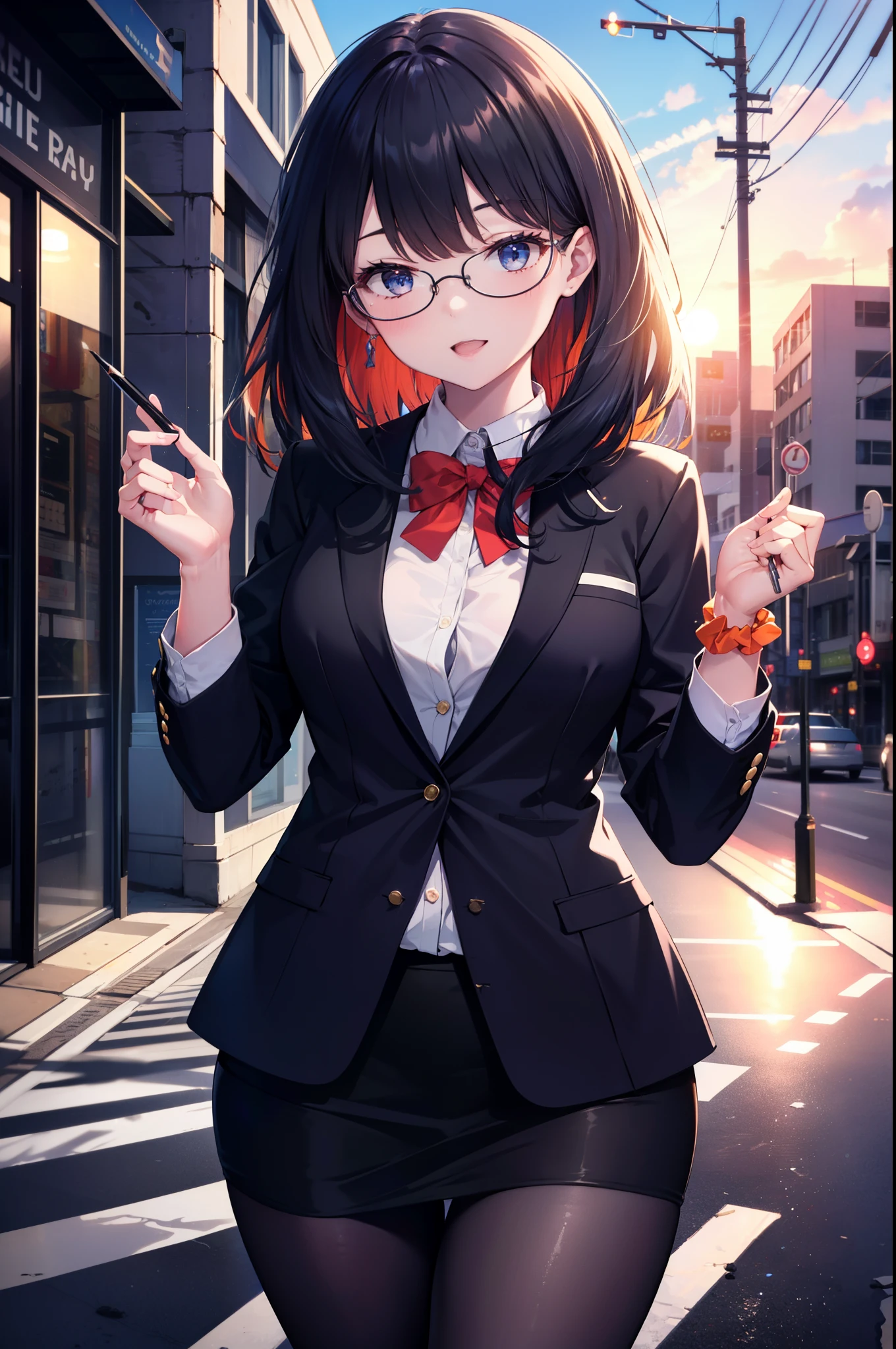 Rikka body, rikka takarada, Black Hair, blue eyes, Long Hair, happy smile, smile, Open your mouth,orange Scrunchie, Scrunchie, wrist Scrunchie,OL, Akagi glasses, black suit jacket, Collared jacket, White dress shirt, Collared shirt, Neckline, button, Black pencil skirt, Black pantyhose,Stiletto heels,The sun is rising,morning,morning陽,So that the whole body goes into the illustration,
break outdoors,In town,Building district,シティストリート
break looking at viewer, (Cowboy Shot:1.5),
break (masterpiece:1.2), highest quality, High resolution, unity 8k wallpaper, (figure:0.8), (Beautiful fine details:1.6), Highly detailed face, Perfect lighting, Highly detailed CG, (Perfect hands, Perfect Anatomy),