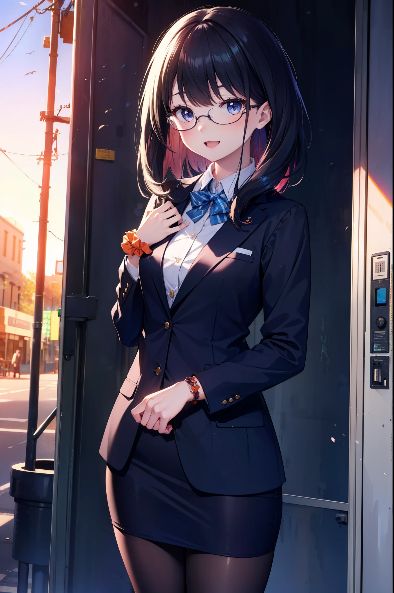 Rikka body, rikka takarada, Black Hair, blue eyes, Long Hair, happy smile, smile, Open your mouth,orange Scrunchie, Scrunchie, wrist Scrunchie,OL, Akagi glasses, black suit jacket, Collared jacket, White dress shirt, Collared shirt, Neckline, button, Black pencil skirt, Black pantyhose,Stiletto heels,The sun is rising,morning,morning陽,So that the whole body goes into the illustration,
break outdoors,In town,Building district,シティストリート
break looking at viewer, (Cowboy Shot:1.5),
break (masterpiece:1.2), highest quality, High resolution, unity 8k wallpaper, (figure:0.8), (Beautiful fine details:1.6), Highly detailed face, Perfect lighting, Highly detailed CG, (Perfect hands, Perfect Anatomy),