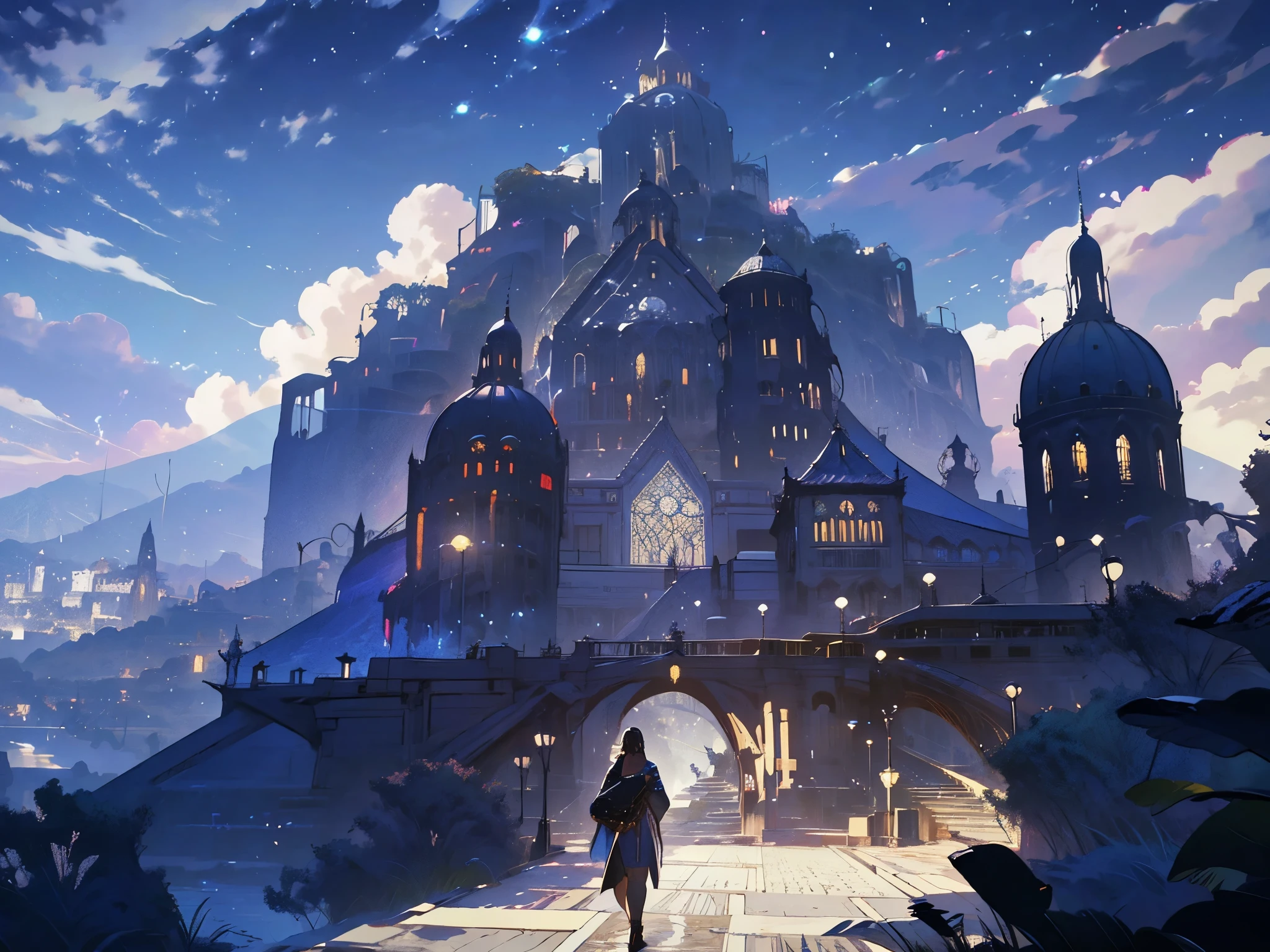 a close up of a person standing in front of a city, concept art inspired by Raphael Lacoste, Artstation contest winner, fantasy art, medieval fantasy game art, artwork in the style of guweiz, detailed game art illustration, medieval concept art, detailed digital 2d fantasy art, 2. 5 d cgi anime fantasy artwork, roleplaying game art