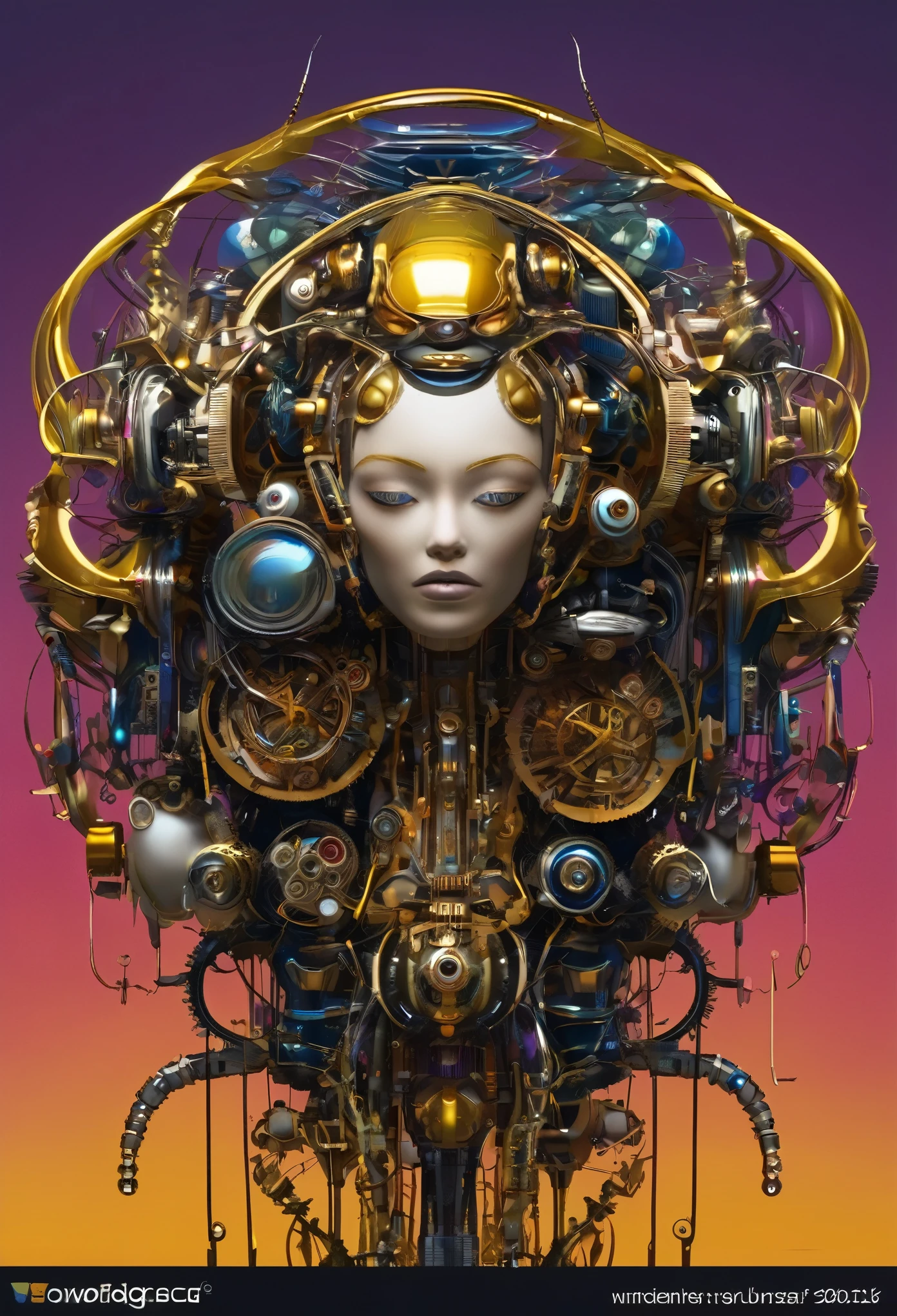 Created surreal art, this unique creature stands as a symbol of a new era. The head, which combines organic and mechanical elements, shines in bright colors that highlight the contrast between leather and metal. Its abundant eyes, equipped with long, dramatic eyelashes, cast a penetrating and inquisitive gaze, as if searching for answers to the mystery of its existence. Her long, lolling tongue, dripping with liquid that was as shiny as pearls, gave a sense of life to an otherwise lifeless face. Its mechanical components, consisting of gears and cables, move with astonishing precision, representing a technological marvel that has reached a level of sophistication never before seen. The strong cyberpunk art style, with bio-mechanical elements, creates a deep and compelling futuristic atmosphere, inviting the viewer to reflect on the relationship between humans and machines.