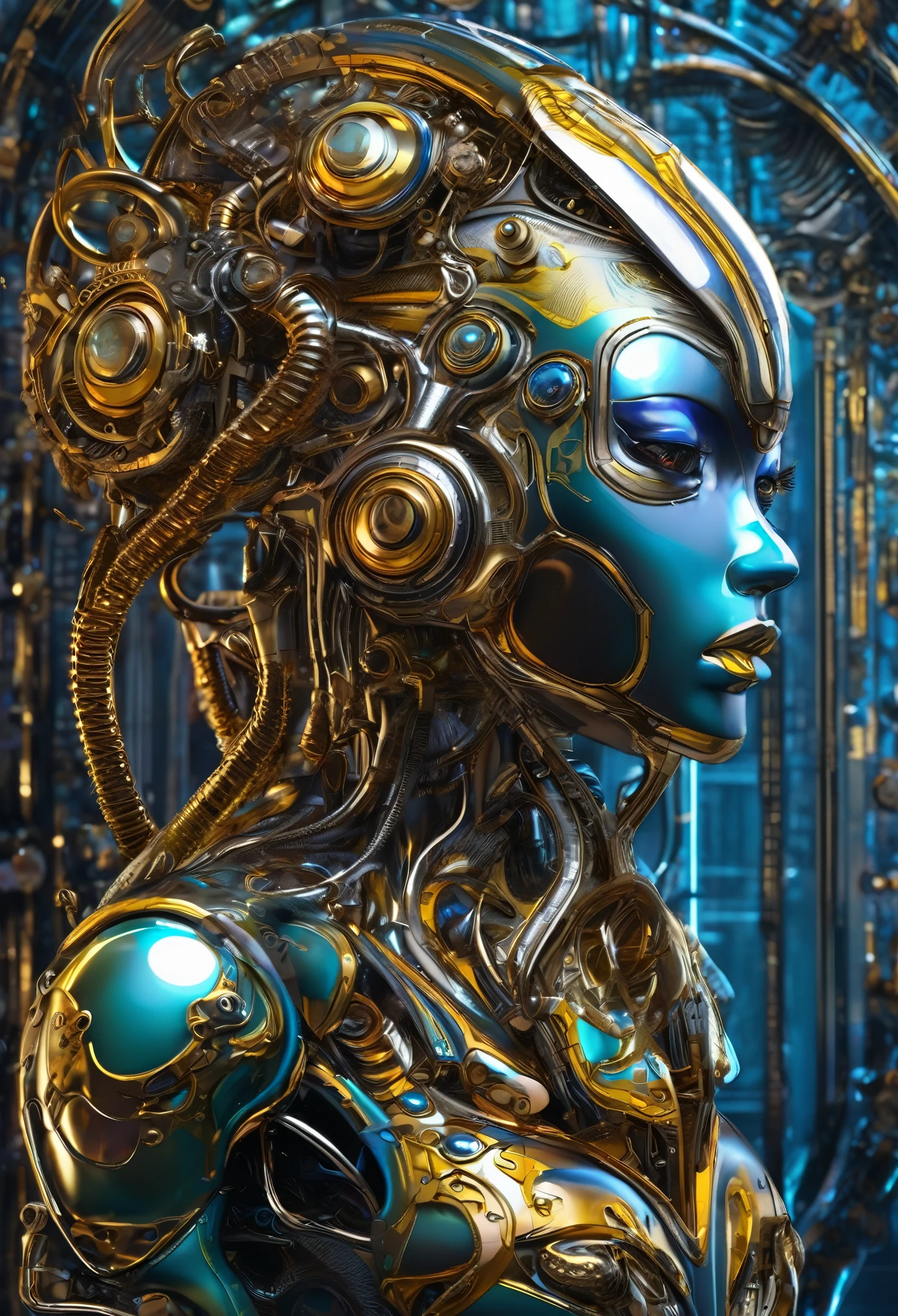 Created surreal art, this unique creature stands as a symbol of a new era. The head, which combines organic and mechanical elements, shines in bright colors that highlight the contrast between leather and metal. Its abundant eyes, equipped with long, dramatic eyelashes, cast a penetrating and inquisitive gaze, as if searching for answers to the mystery of its existence. Her long, lolling tongue, dripping with liquid that was as shiny as pearls, gave a sense of life to an otherwise lifeless face. Its mechanical components, consisting of gears and cables, move with astonishing precision, representing a technological marvel that has reached a level of sophistication never before seen. The strong cyberpunk art style, with bio-mechanical elements, creates a deep and compelling futuristic atmosphere, inviting the viewer to reflect on the relationship between humans and machines.