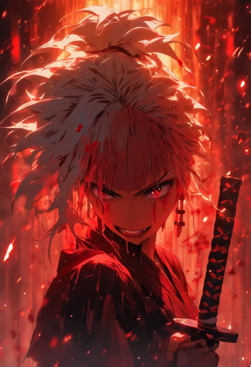 A crying beautiful girl with a sadistic psychopathic face,Holding a katana sword,white hair, covered in blood Smart lighting, aesthetic, cinematic