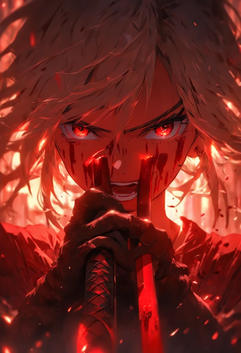 A crying beautiful girl with a sadistic psychopathic face,Holding a katana sword,white hair, covered in blood Smart lighting, aesthetic, cinematic