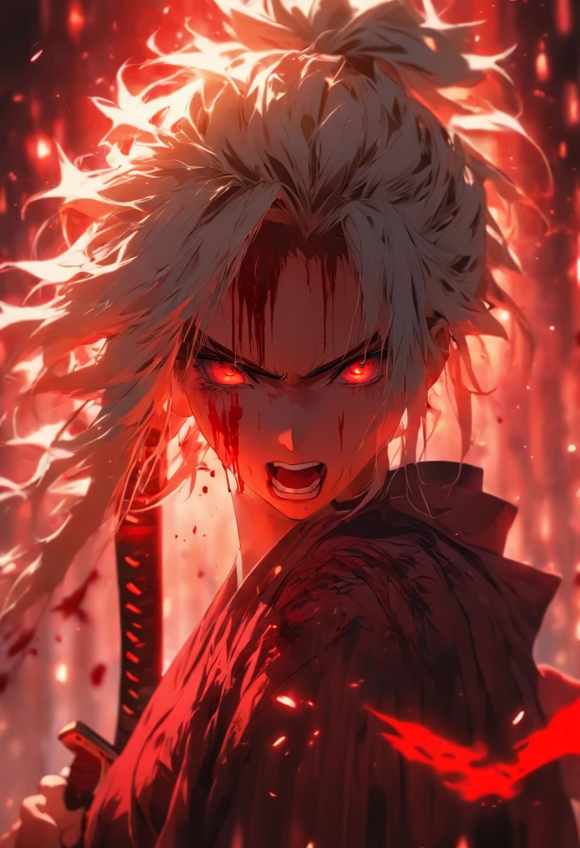 A crying beautiful girl with a sadistic psychopathic face,Holding a katana sword,white hair, covered in blood Smart lighting, aesthetic, cinematic 