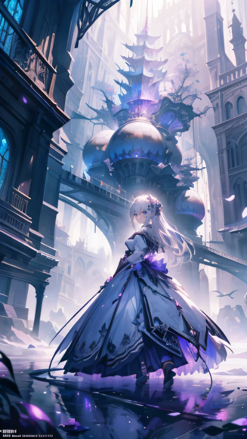 (highest quality, masterpiece, Super detailed, Very detailed, Exquisite, 16k, Absurd, Full HD), Castles with Gothic architecture, Luxurious and glamorous decoration,(Fairy Knight Princess, Purple eyes, Big eyes, Pale skin, expensive, slim, spindly),(Decided, gone crazy, Serious expression), (((Prepare to attack with sword:1.2))), View your viewers, Cover one eye, Long hair tied back, Gray Hair, (Fantasy, Romantic atmosphere), Theatre Studies, Realistic, , (Medium Shot), (From below), Low angle shot, Front view, ((Symmetrical Configuration)), Shine, (Dramatic lighting), (Cinema Lighting), (Volumetric lighting), (Dynamic Lighting), (Bright colors), Bright colors, Warm colors, (Architectural Photography)