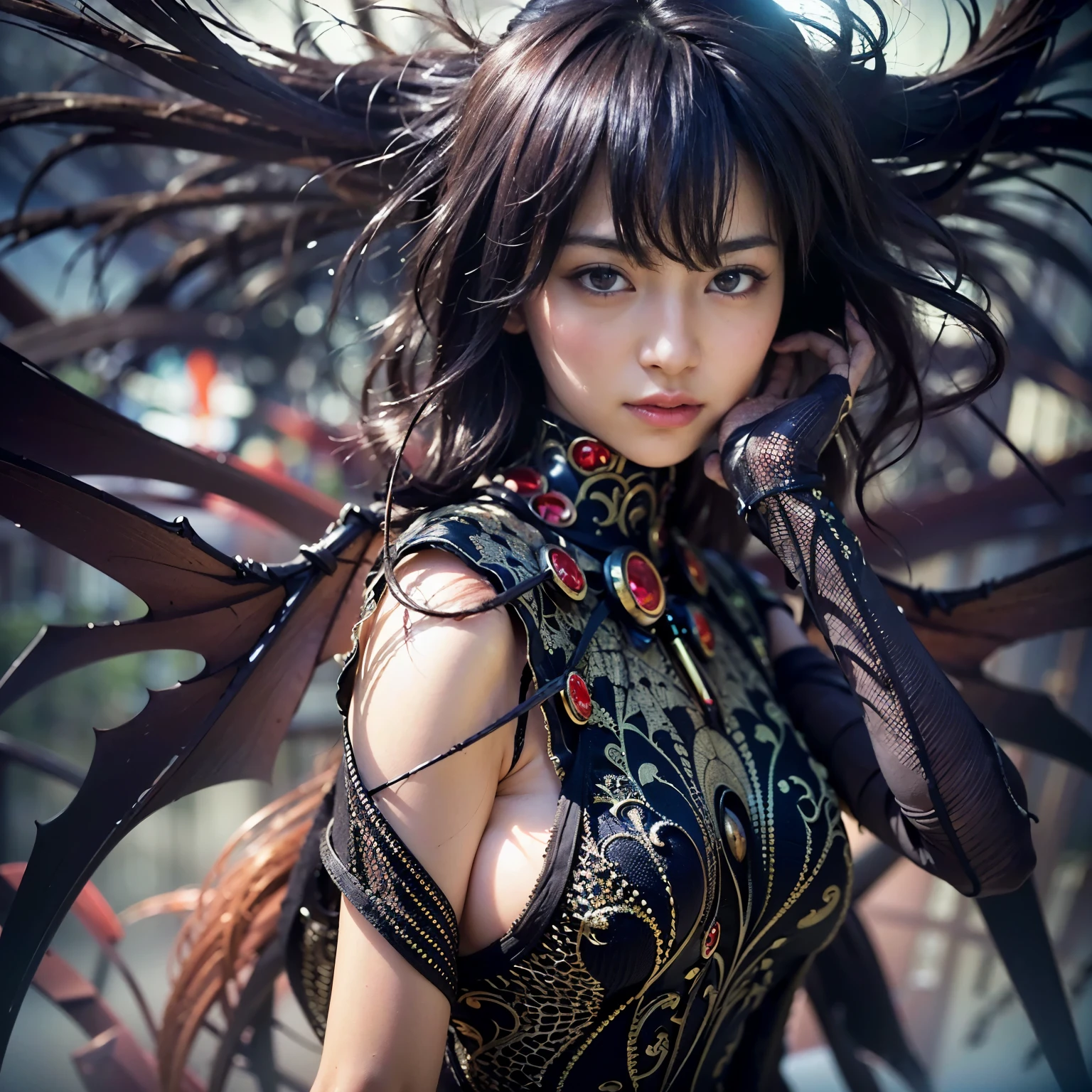 (masterpiece, best quality:1.2), (8k uhd, 16k, 32k, ultra high res), (photorealistic:1.37), (RAW photo), ultimate-realistic, ultimate-realistic details, ultimate-realistic texture, ultimate-intricate details, ultimate-realistic lighting, ultimate-realistic shadow, japanese girl, ultimate-cute face, ultimate-RAW skin, ultimate-realistic eyes, Beautiful Japanese girl with beautiful eyes and lips on upper body, spider body on lower body, bat wings, partly mechanical elements, , vivid colors, detailed depiction of girl's hair blowing in the wind, realistic textures on the spider body, mechanical partssurrealistic lighting, eerie atmosphere, dark and mysterious background