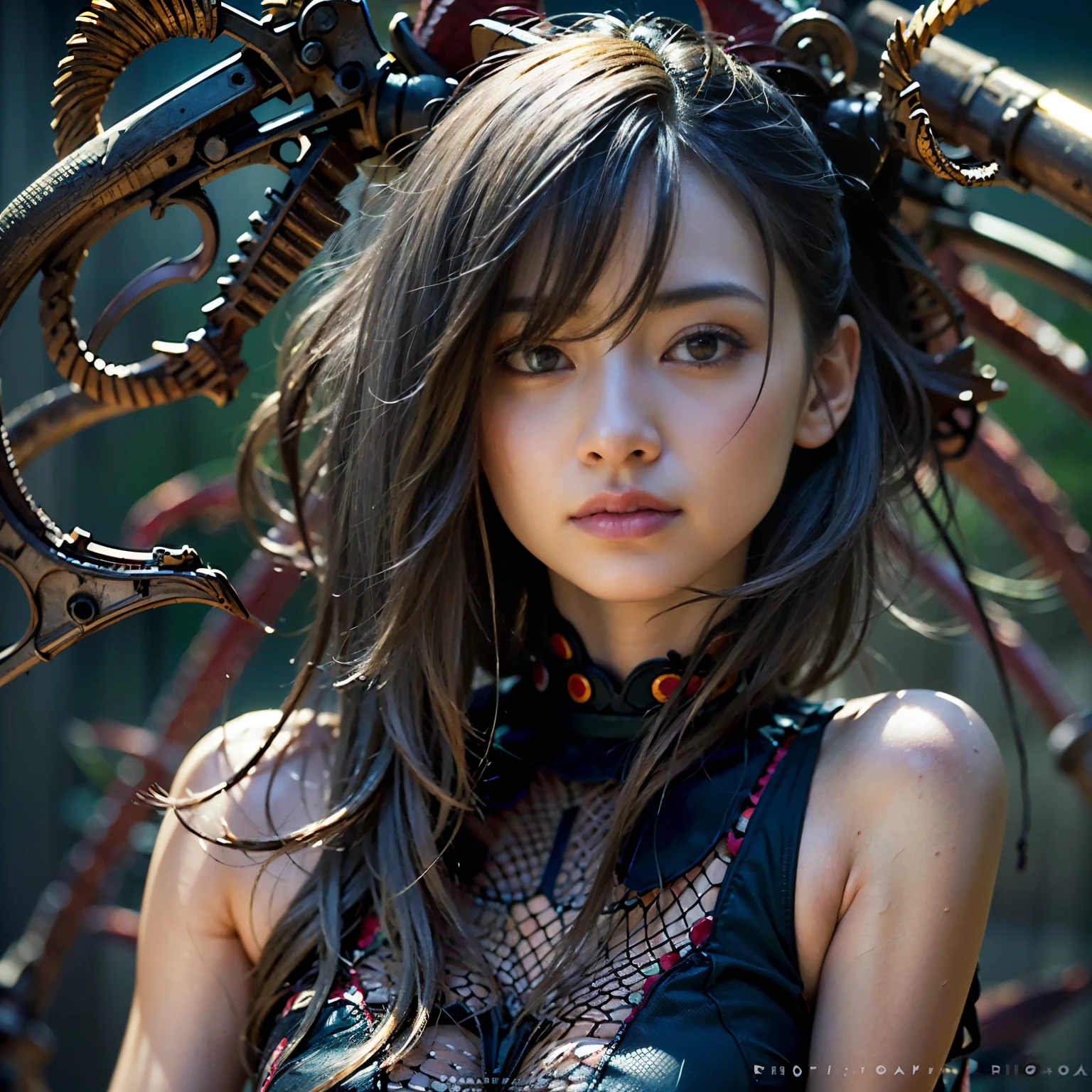 (masterpiece, best quality:1.2), (8k uhd, 16k, 32k, ultra high res), (photorealistic:1.37), (RAW photo), ultimate-realistic, ultimate-realistic details, ultimate-realistic texture, ultimate-intricate details, ultimate-realistic lighting, ultimate-realistic shadow, japanese girl, ultimate-cute face, ultimate-RAW skin, ultimate-realistic eyes, Beautiful Japanese girl with beautiful eyes and lips on upper body, spider body on lower body, bat wings, partly mechanical elements, 16 years old, vivid colors, detailed depiction of girl's hair blowing in the wind, realistic textures on the spider body, mechanical partssurrealistic lighting, eerie atmosphere, dark and mysterious background