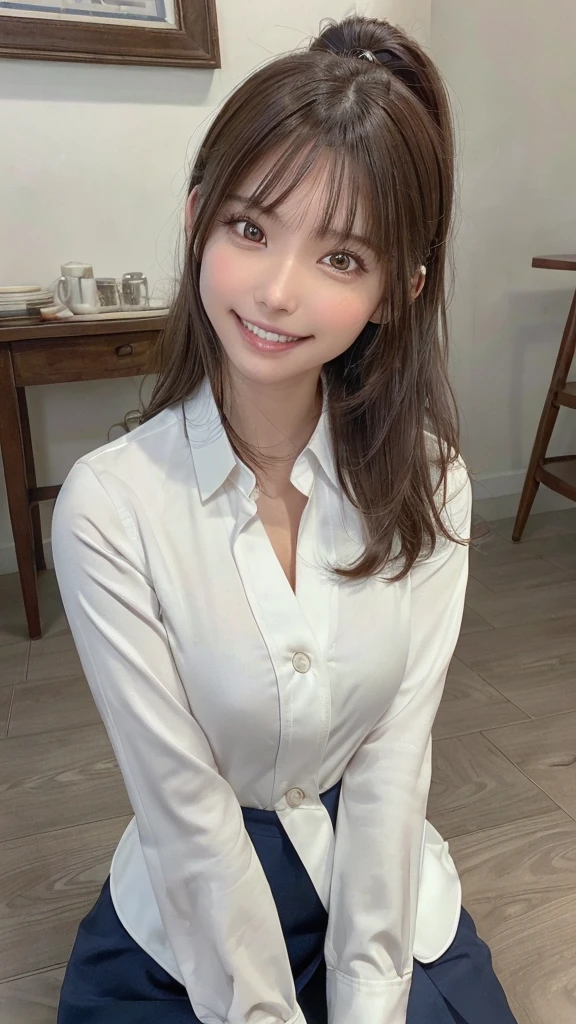 highest quality, masterpiece, (Realistic:1.4), 1 Girl, A light smile, Collared shirt, Upper Body, Dramatic lighting, From below