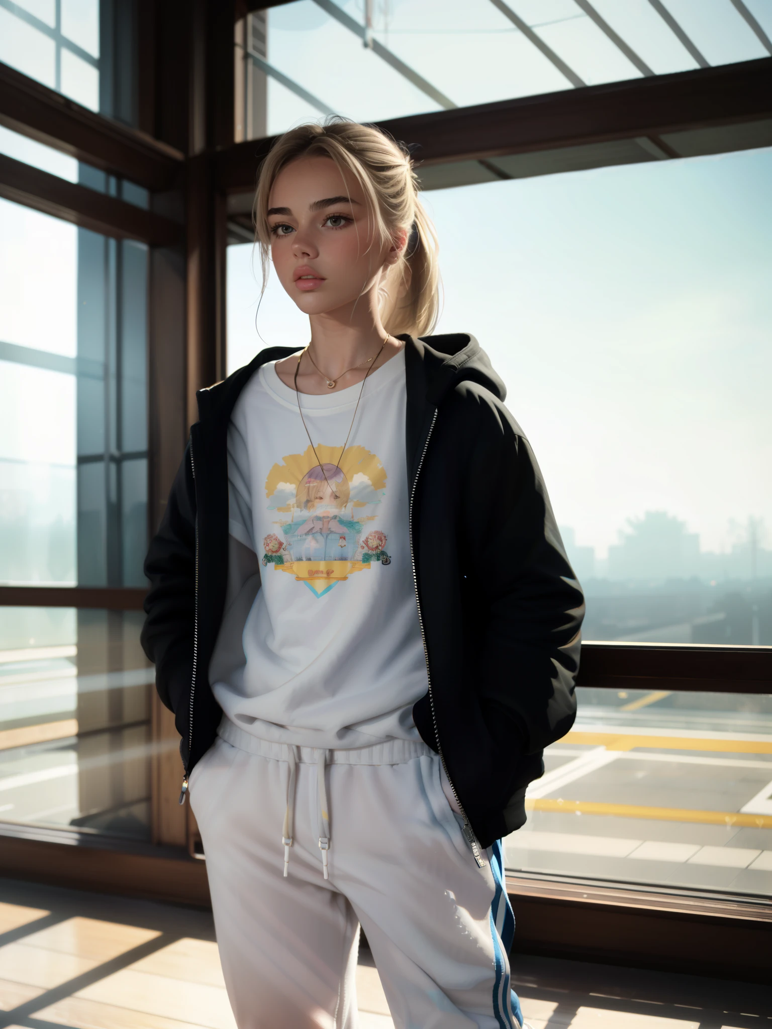 A young woman combination (Miranda Kerr:0.85), (Dua Lipa:0.9), (Margot Robbie:1) thin, skinny, frail body, pale skin, blonde hair, wearing, sweatpants, t-shirt, sneakers, puffy jacket((heavy gaussian blur)), ((soft lighting)), (((extremely hazy:1.2))), ((film grain)), (extremely bright), vintage film, (dreamy atmosphere), bright vivid colors, portrait, from below shot