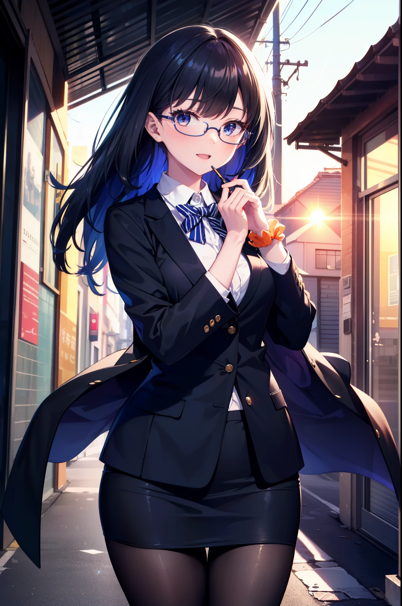 Rikka body, rikka takarada, Black Hair, blue eyes, Long Hair, happy smile, smile, Open your mouth,orange Scrunchie, Scrunchie, wrist Scrunchie,OL, Akagi glasses, black suit jacket, Collared jacket, White dress shirt, Collared shirt, Neckline, button, Black pencil skirt, Black pantyhose,Stiletto heels,The sun is rising,morning,morning陽,So that the whole body goes into the illustration,
break outdoors,In town,Building district,シティストリート
break looking at viewer, (Cowboy Shot:1.5),
break (masterpiece:1.2), highest quality, High resolution, unity 8k wallpaper, (figure:0.8), (Beautiful fine details:1.6), Highly detailed face, Perfect lighting, Highly detailed CG, (Perfect hands, Perfect Anatomy),