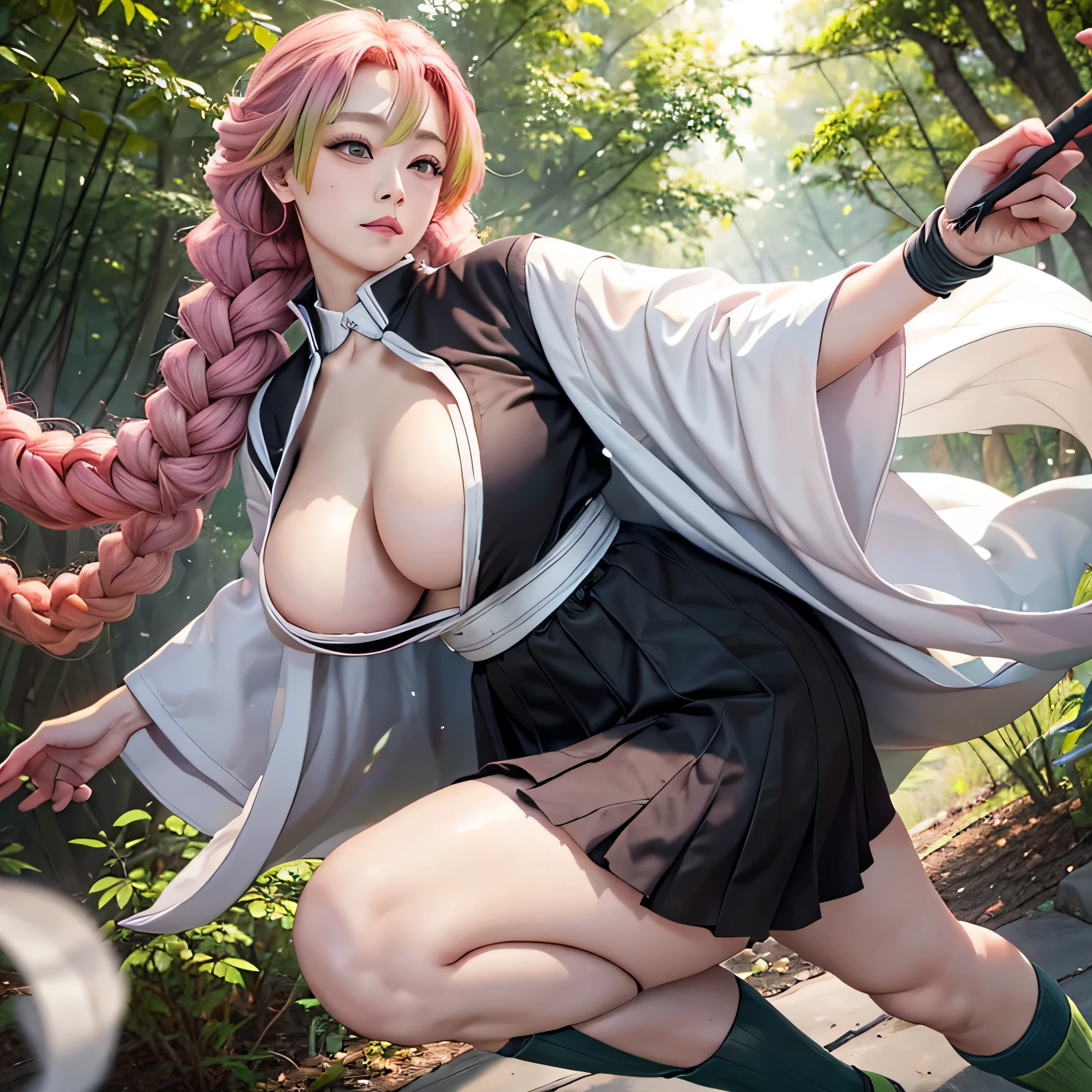 a woman in a Japanese and short black skirt, long green socks, wrapped in a white kimono, beautiful Japanese student woman, long pink hair in 2 braids, giant breasts, big cleavage, thick and curvy body, holding a sword, is running in the forest, the character Mitsuri kanroji