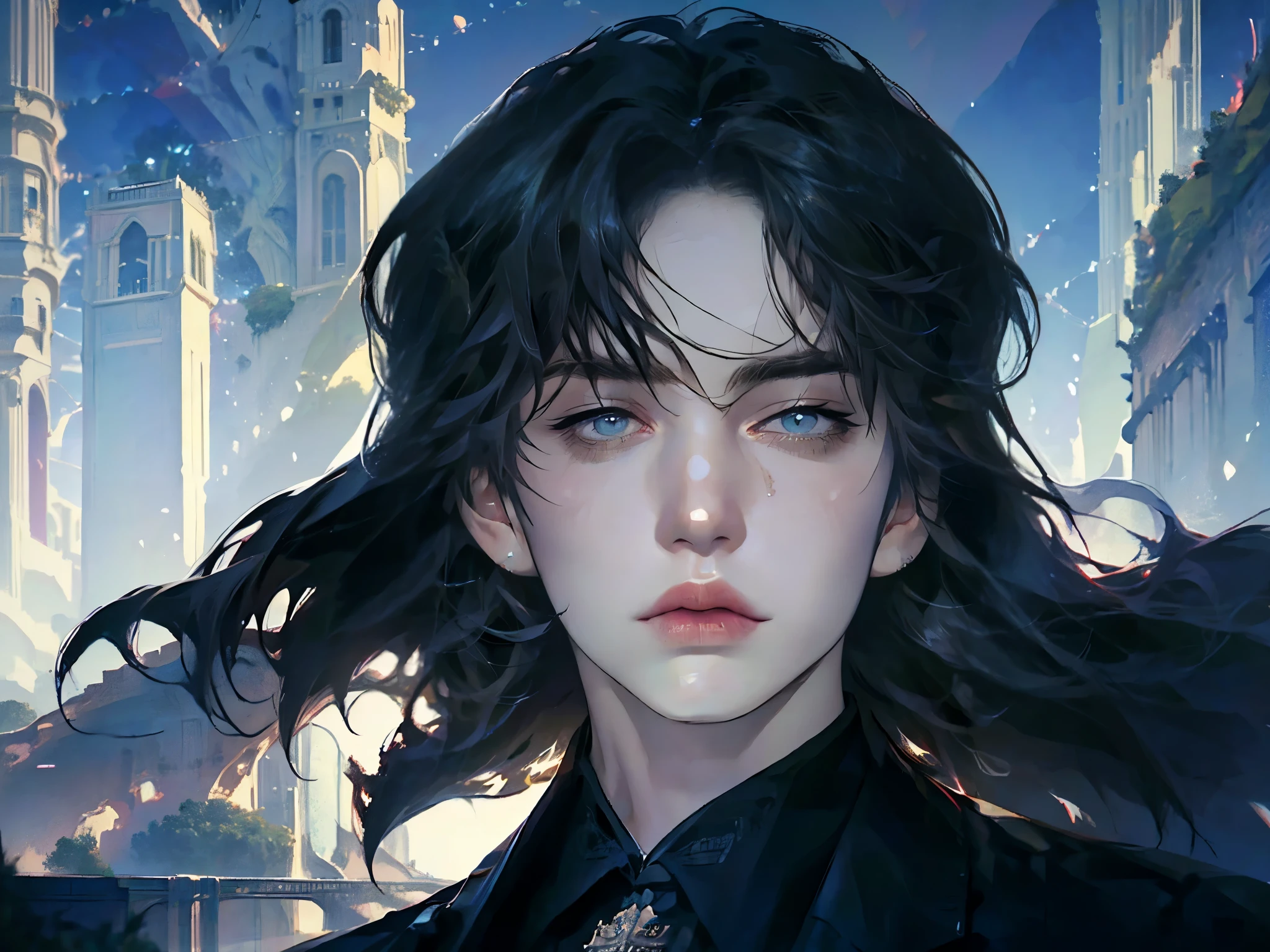 a close up of a person standing in front of a city, concept art inspired by Raphael Lacoste, Artstation contest winner, fantasy art, medieval fantasy game art, artwork in the style of guweiz, detailed game art illustration, medieval concept art, detailed digital 2d fantasy art, 2. 5 d cgi anime fantasy artwork, roleplaying game art