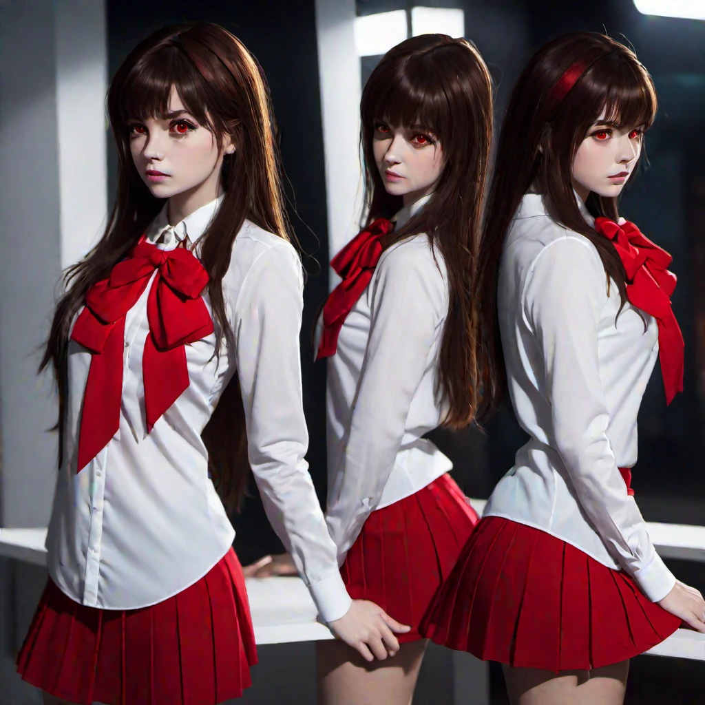 (masterpiece, best quality:1.2), 1girl, solo, (Red bow on neck), White blouse , dynamic pose, brown hair, art galley, red eyes, red skirt, red shoes, black long tight