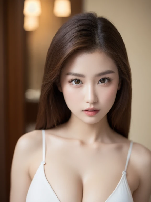 (realistic、masterpiece、Best Quality、8K、highres、high resolution:1.3)、1 girl、Huge breasts、white bikini、pale white skin、looking at viewers、super fine face and eyes、long hair、indoor、 upper body、