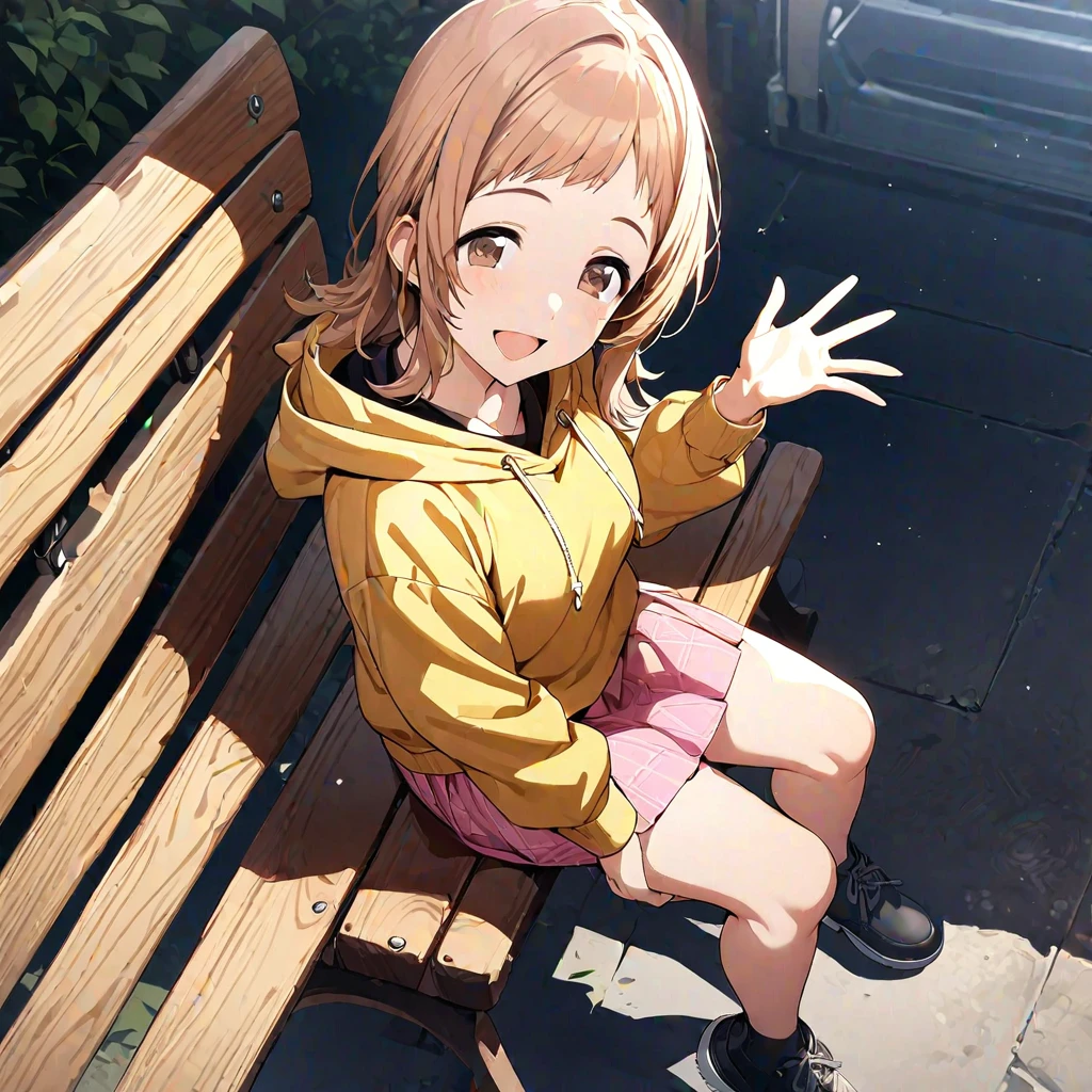 (masterpiece),(best quality),(ultra-detailed),(best illustration),(best shadow),(absurdres),(detailed background),(very aesthetic), 1girl, solo, mano sakuragi, black and yellow hoodie, hood, hood down, black footwear, smiling, drawstring, open mouth, skirt, pink skirt, full body, waving, sitting, on bench, brown hair, brown eyes, night background, casualoutfit