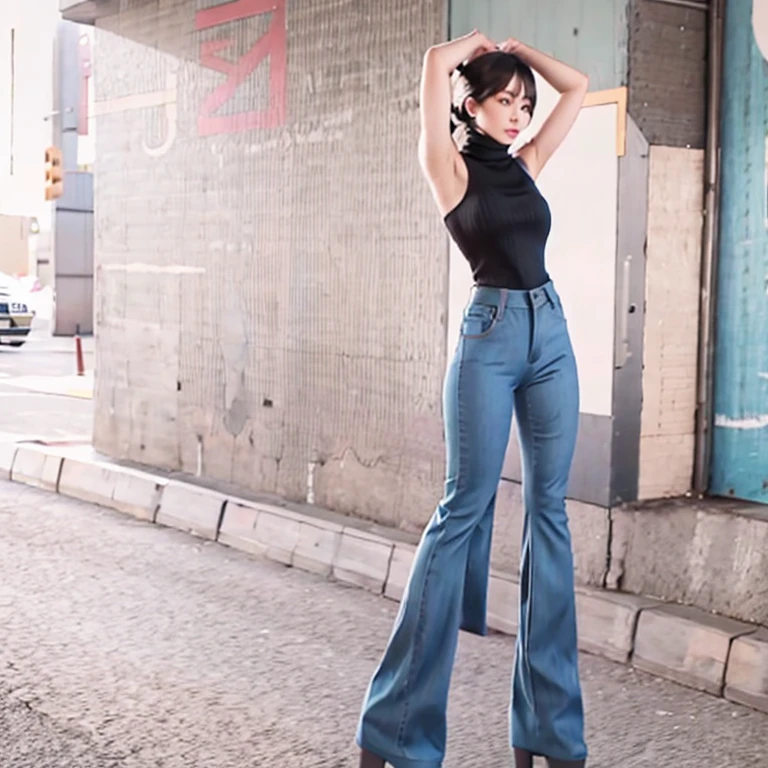  (arms up sleeveless rib turtleneck armwarmers:1.3) (bellbottoms pantalon bootscut flarepants:1.4) jeans bobcut japanese girl 