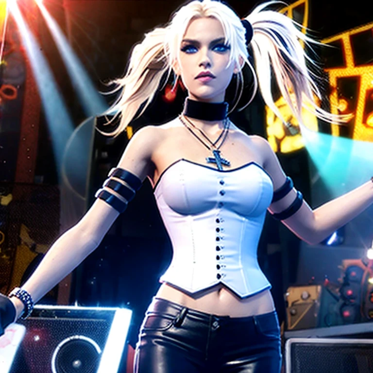 (masterpiece, best quality:1.2), 1girl, solo, blonde, ponytail, chocker, eyeliner, blue eyes, bare shoulders, white corset, black leather pants, bracelet, necklace, cross necklace, rock concert, Casey Lynch
