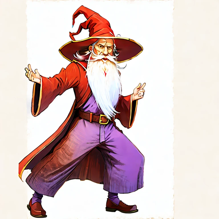 (masterpiece, best quality:1.2), 1boy, solo, old man, green eyes, white long beard, wizard, Ferumbras, red wizard hat, red wizard robe, game art, saggy purple pants, belt, purple shirt