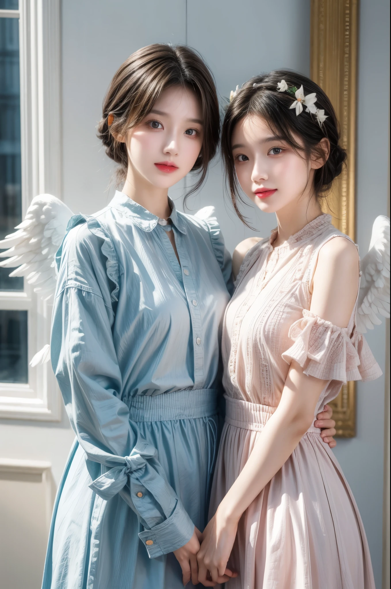 top quality, Pastel Painting, Soft atmosphere, Twin girls angel, Lovely, White Wings, Smile happily, Short brown hair of different colors, A blue-eyed, A person with green eyes, Skirts of different colors, flower hair accessories, Upper Body, Looking at the audience, space, meteor, Light,