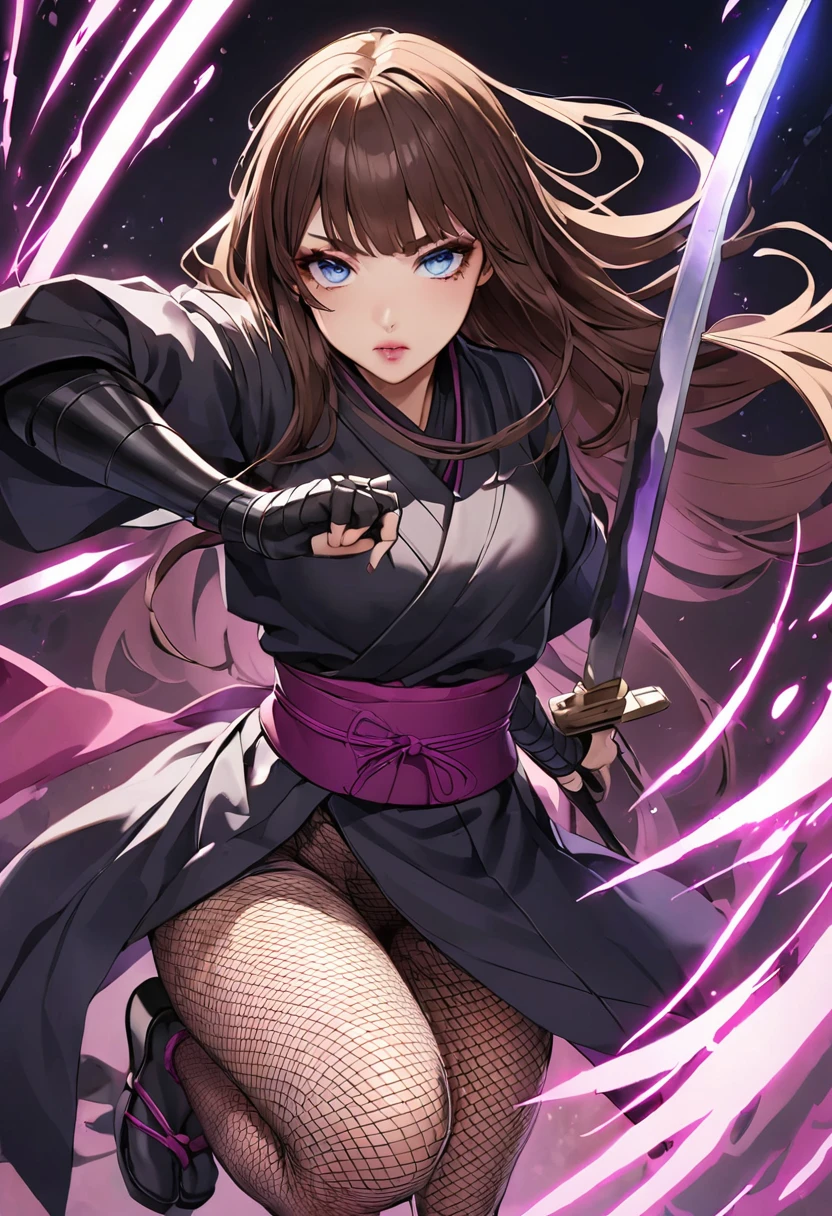 brown hair、Waist-length hair、Blue Eyes、Beautiful eyes、Delicate Eyes、Droopy eyes、Pink Lips、Purple Lateard、Female ninja、Fishnet tights、Black Gauntlet、Tabi shoes、Ninja sword