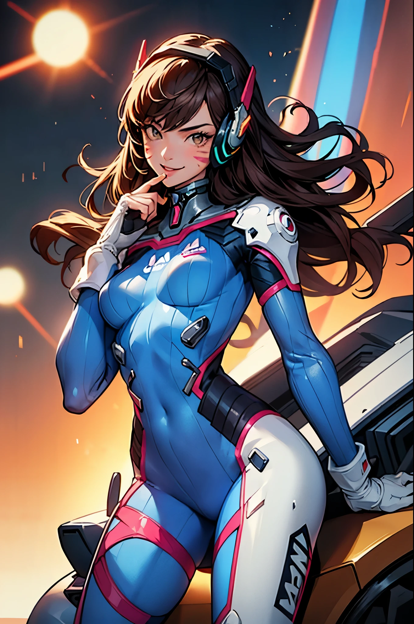 (masterpiece, best quality:1.2), expressive eyes, perfect face, highres, 1girl, solo, aahana, long hair, brown hair, headphones, whisker markings, shoulder pads, blue bodysuit, ribbed bodysuit, animal print, clothes writing, long sleeves, white gloves, smiling, standing, cowboy shot, looking at the viewer