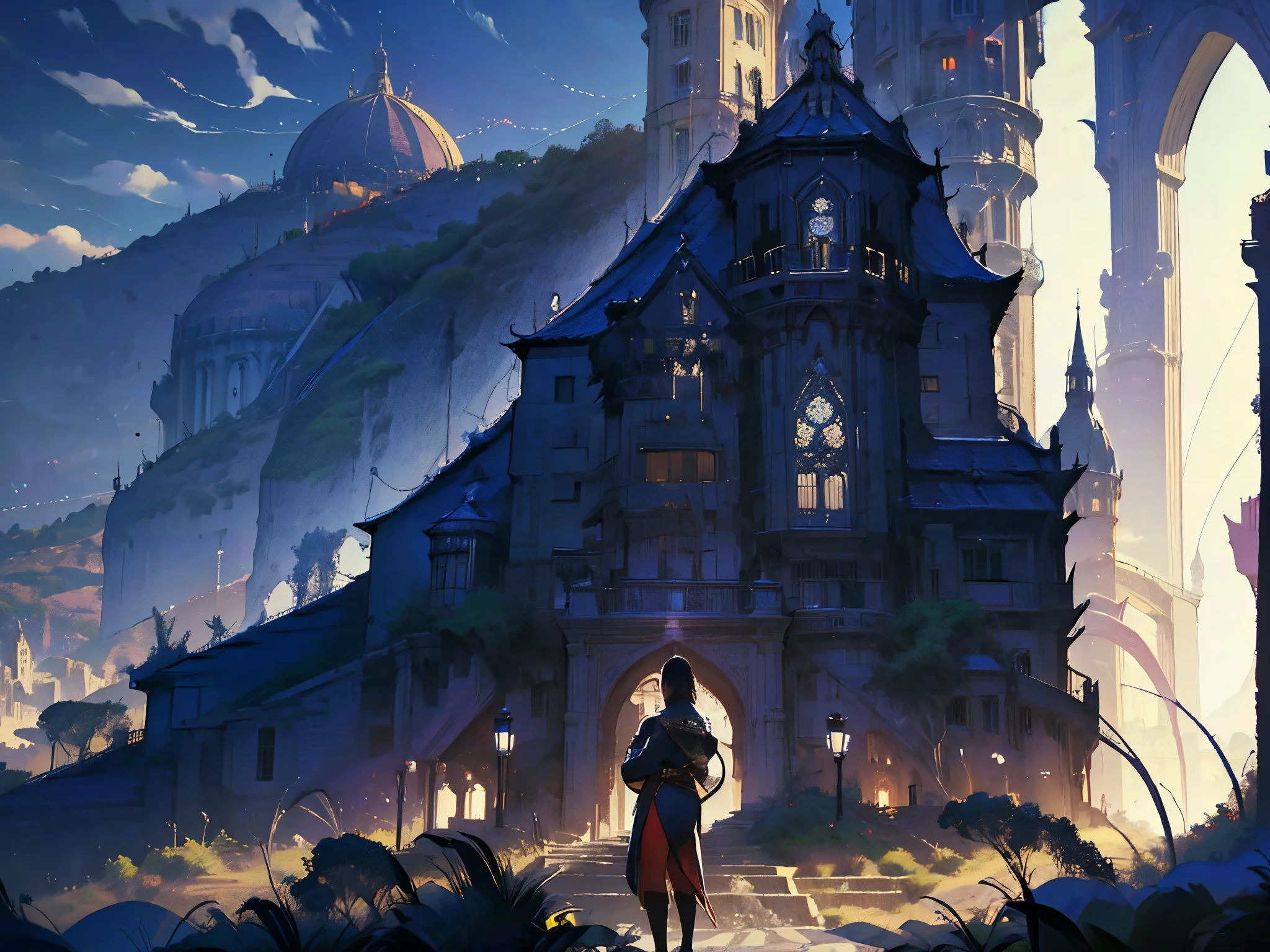 a close up of a person standing in front of a city, concept art inspired by Raphael Lacoste, Artstation contest winner, fantasy art, medieval fantasy game art, artwork in the style of guweiz, detailed game art illustration, medieval concept art, detailed digital 2d fantasy art, 2. 5 d cgi anime fantasy artwork, roleplaying game art