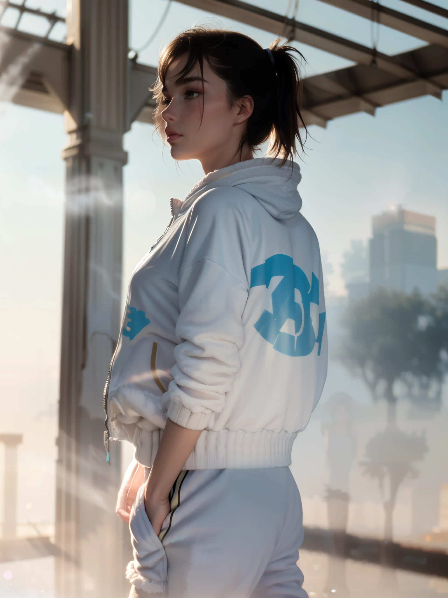 A young woman combination (Miranda Kerr:0.85), (Dua Lipa:0.9), (Margot Robbie:1) thin, skinny, frail body, pale skin, blonde hair, wearing, sweatpants, t-shirt, sneakers, puffy jacket((heavy gaussian blur)), ((soft lighting)), (((extremely hazy:1.2))), ((film grain)), (extremely bright), vintage film, (dreamy atmosphere), bright vivid colors, portrait, from below shot